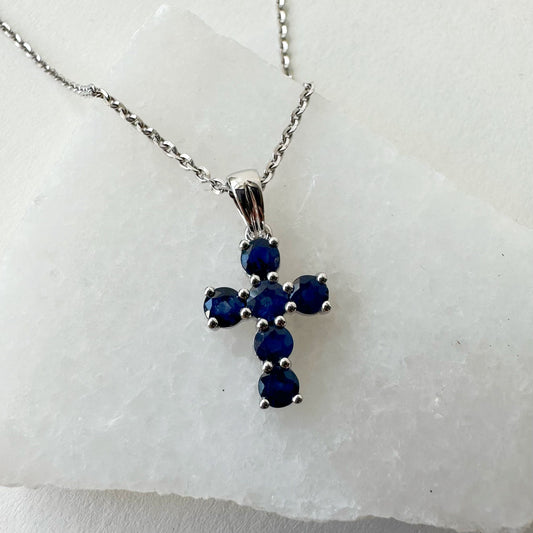 14K Solid Gold Genuine Sapphire Cross Pendant
