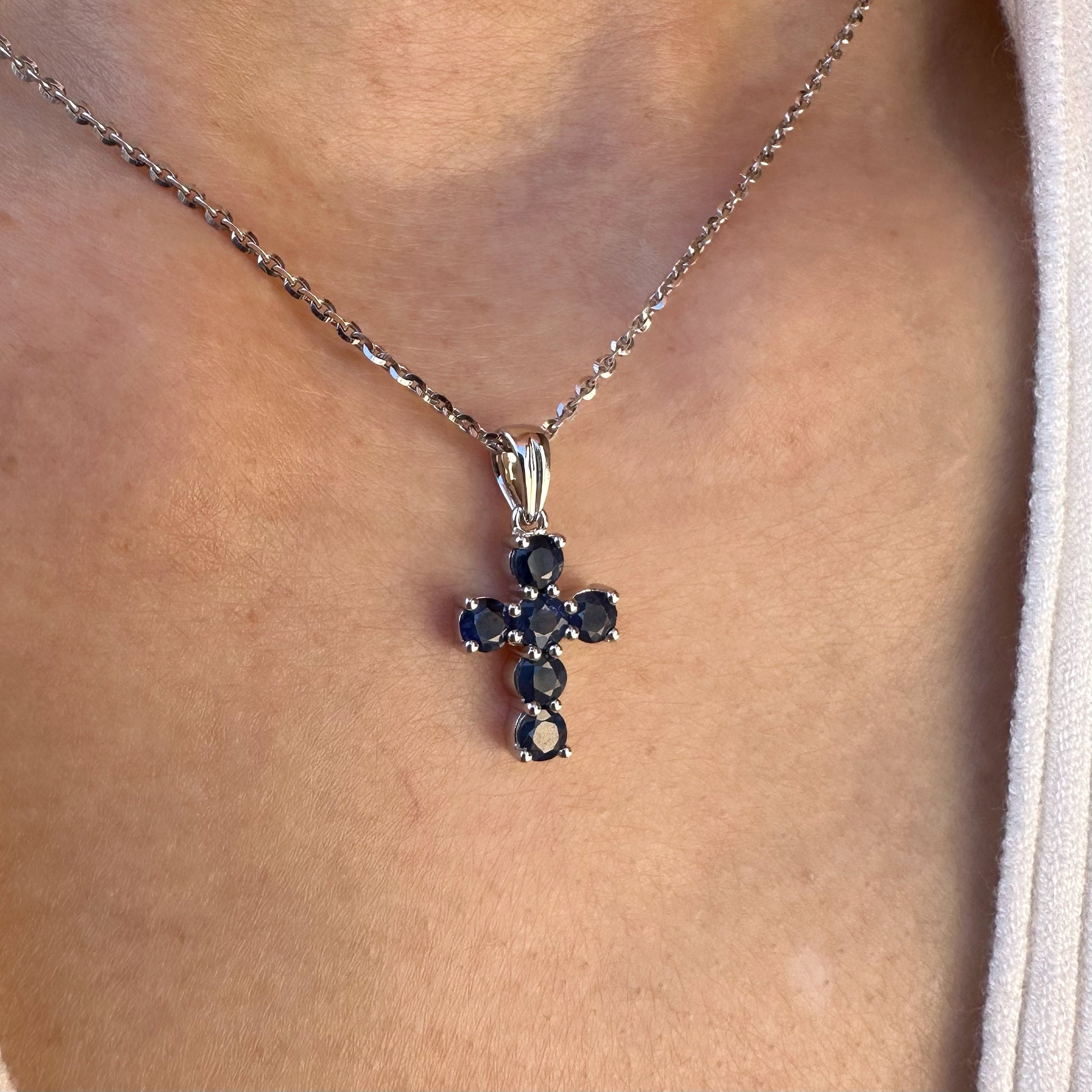 14K Solid Gold Genuine Sapphire Cross Pendant