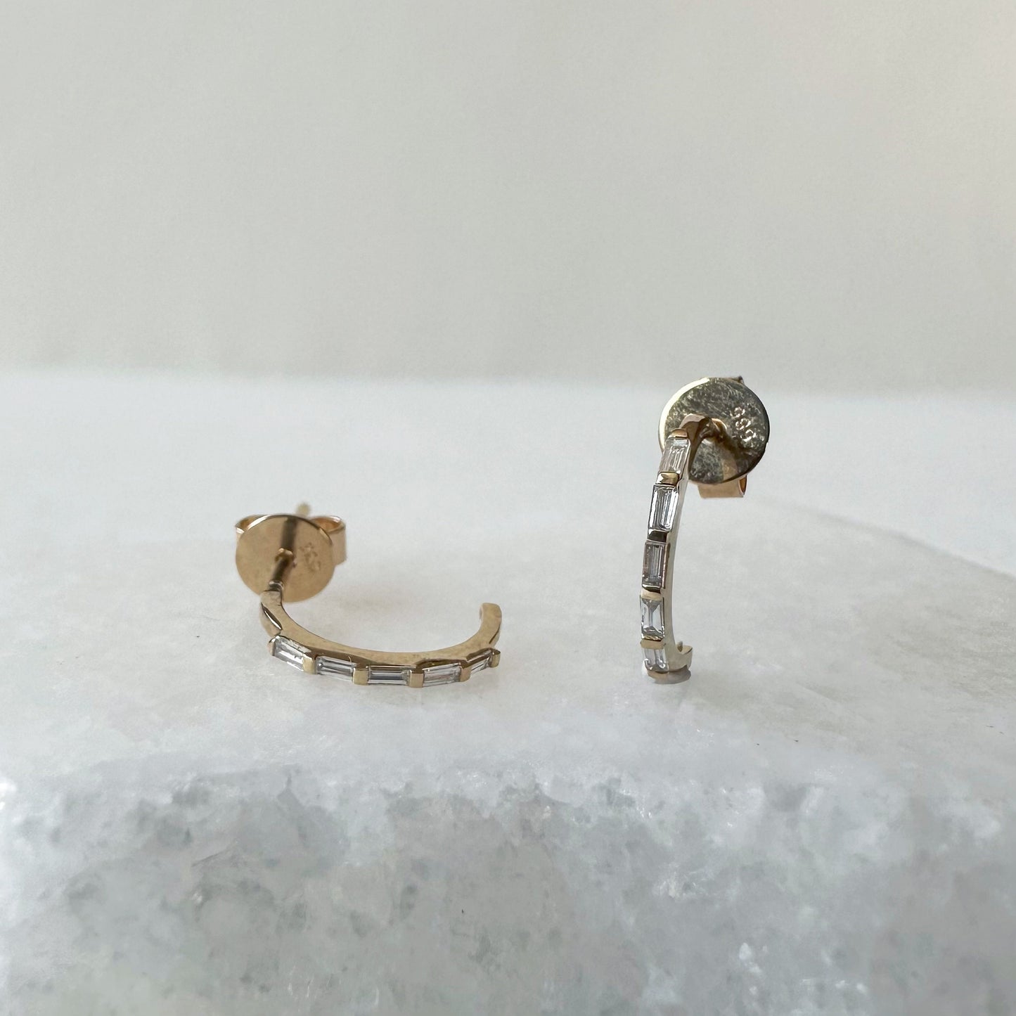 14K Solid Gold Genuine Diamond Baguette Half Hoop Earrings/Pair