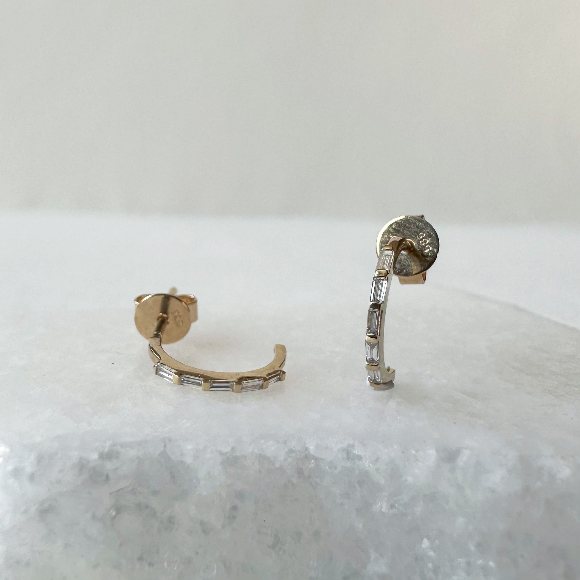 14K Solid Gold Genuine Diamond Baguette Half Hoop Earrings/Pair