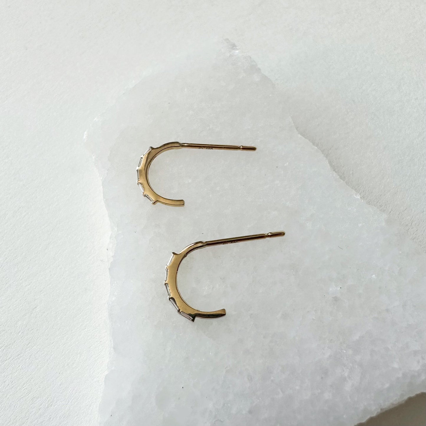 14K Solid Gold Genuine Diamond Baguette Half Hoop Earrings/Pair