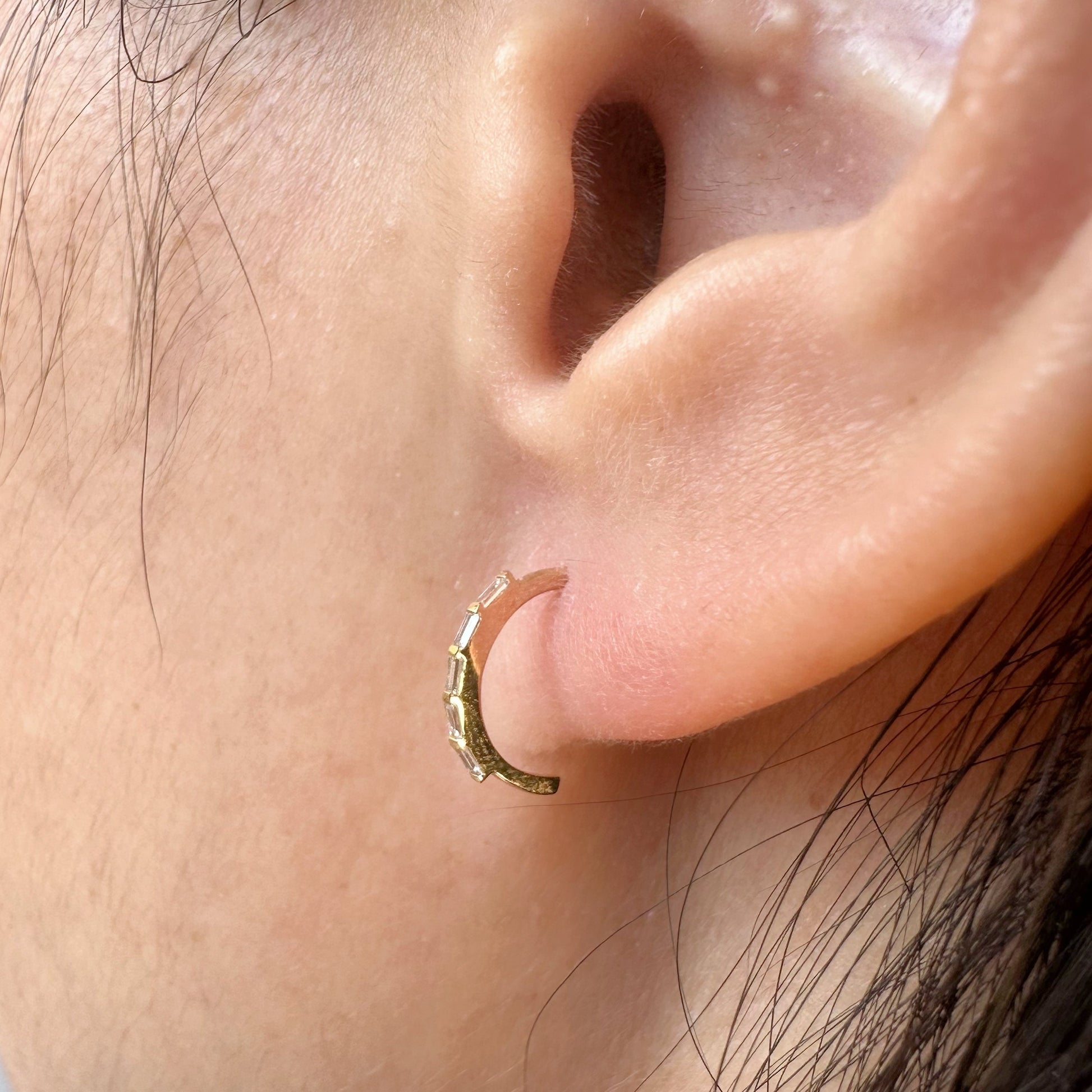 14K Solid Gold Genuine Diamond Baguette Half Hoop Earrings/Pair