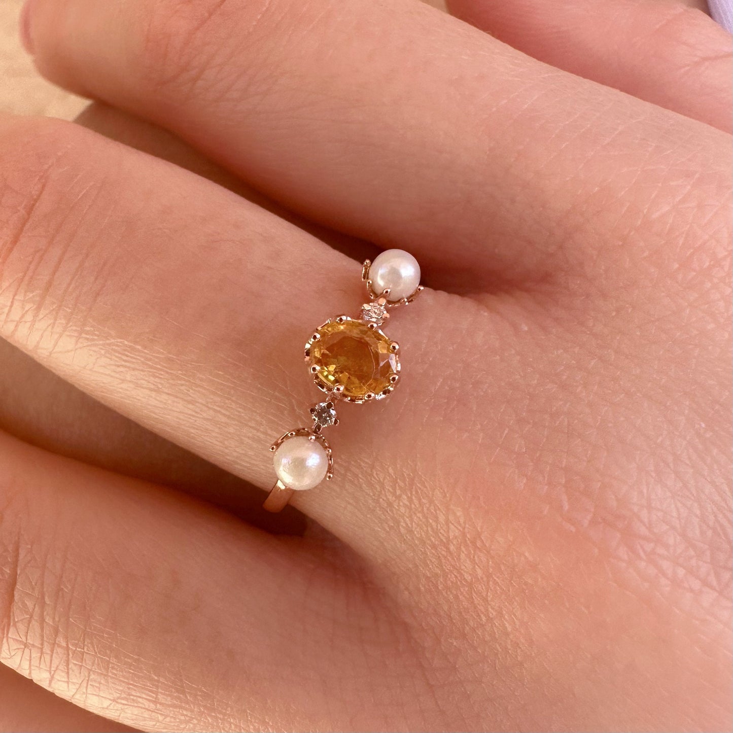 18K Solid White Gold Genuine Yellow Sapphire and Akoya Pearl Ring