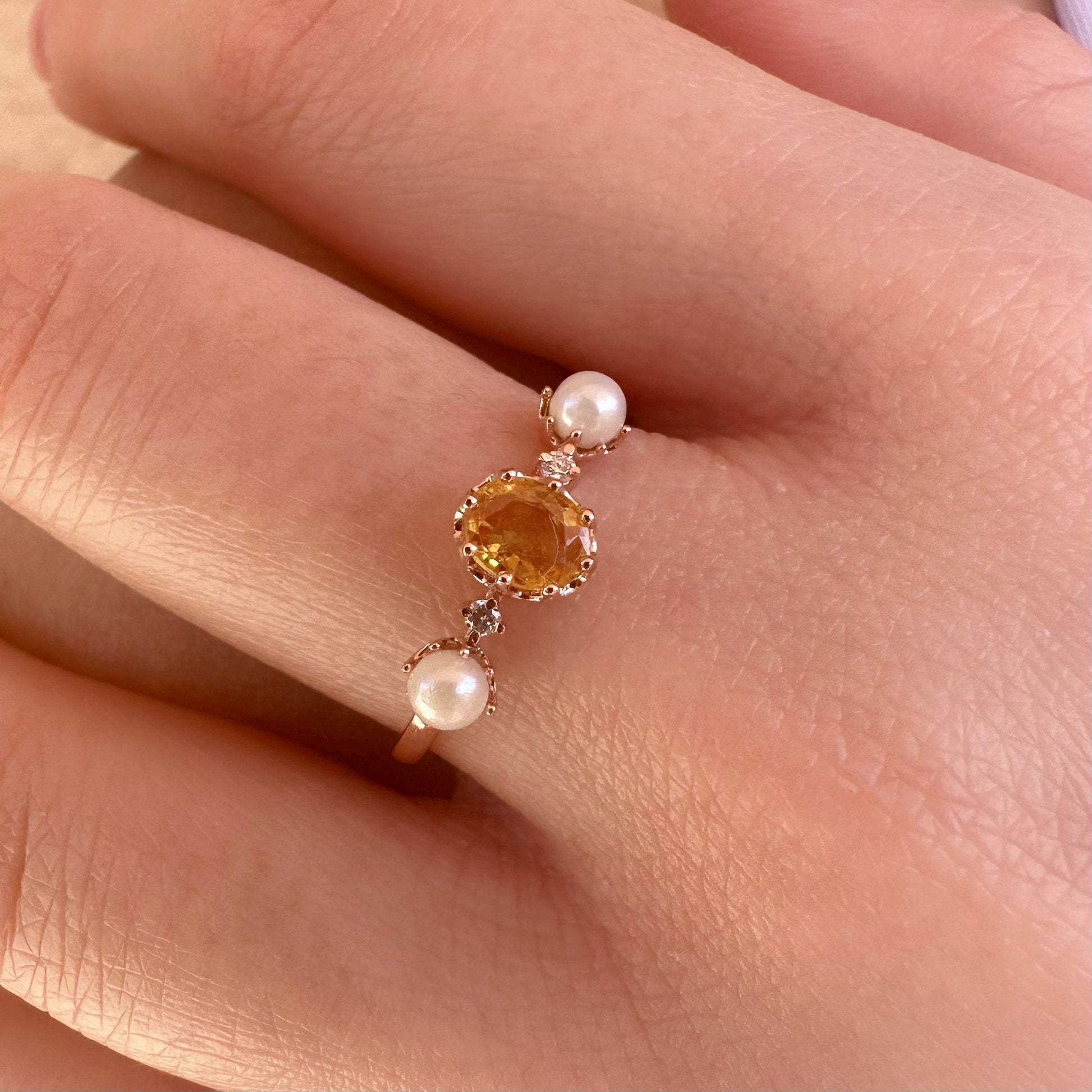 18K Solid White Gold Genuine Yellow Sapphire and Akoya Pearl Ring