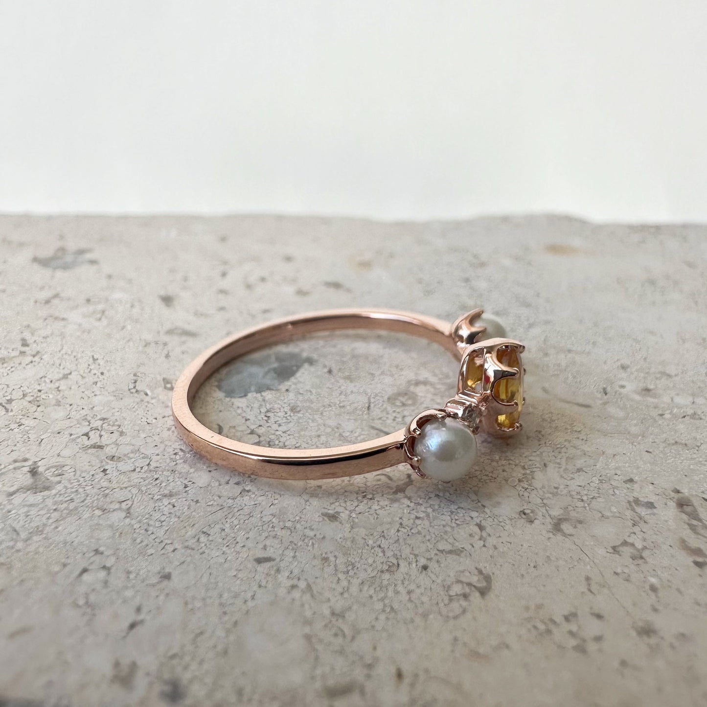 18K Solid White Gold Genuine Yellow Sapphire and Akoya Pearl Ring