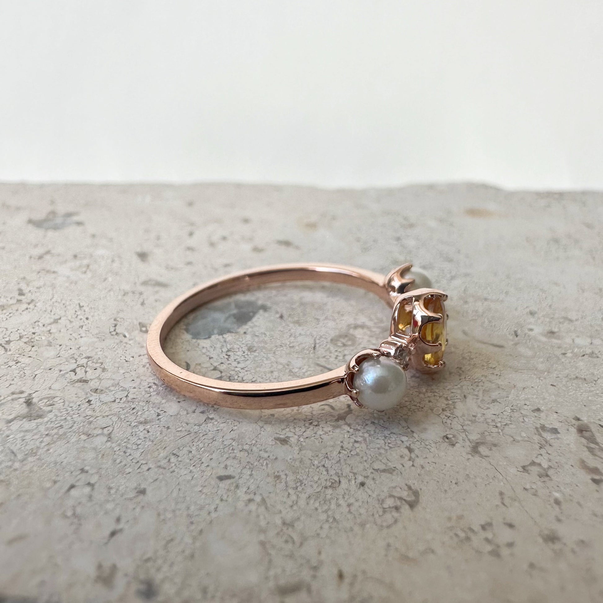 18K Solid White Gold Genuine Yellow Sapphire and Akoya Pearl Ring