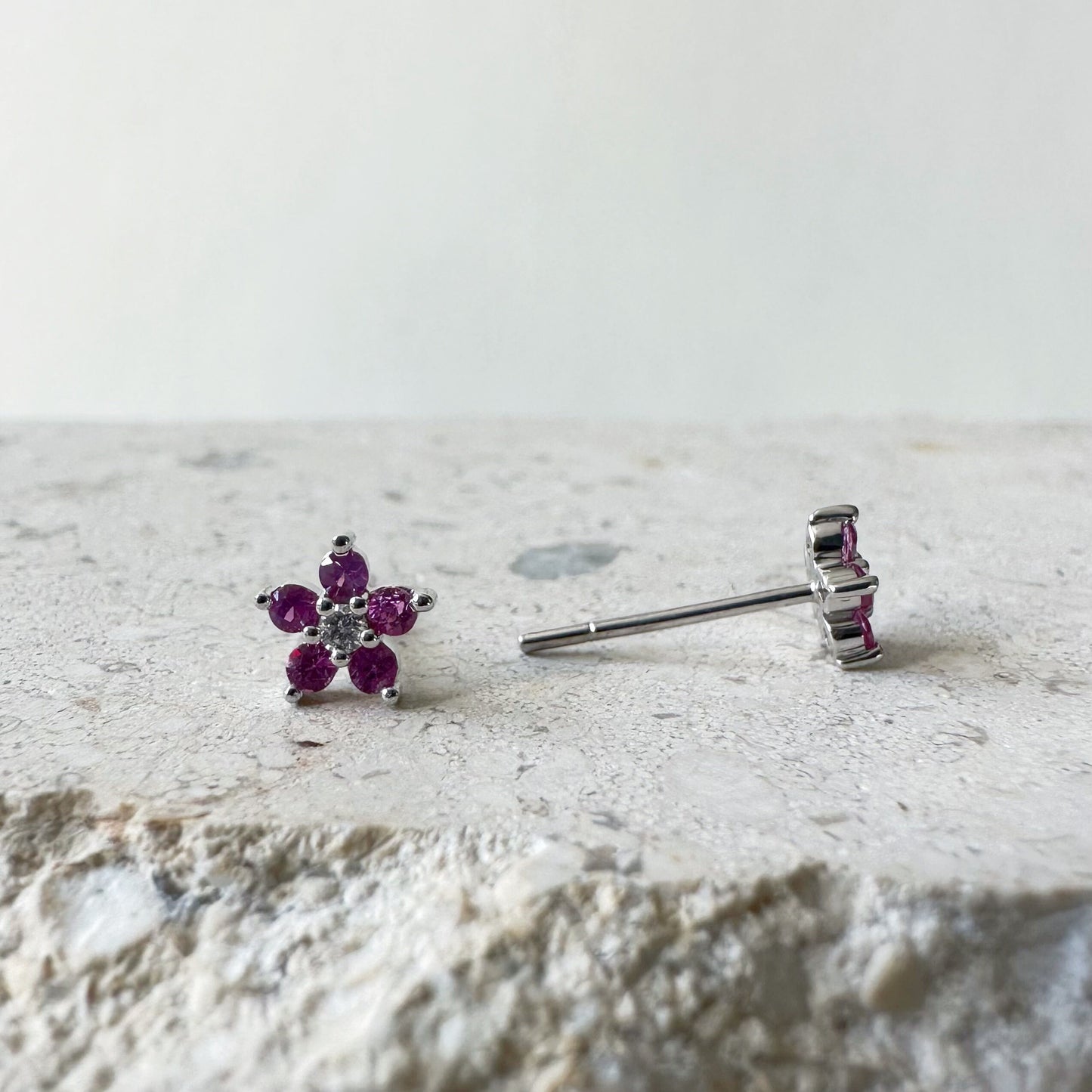 14K Solid Gold Genuine Pink Sapphire and Diamond Flower Studs