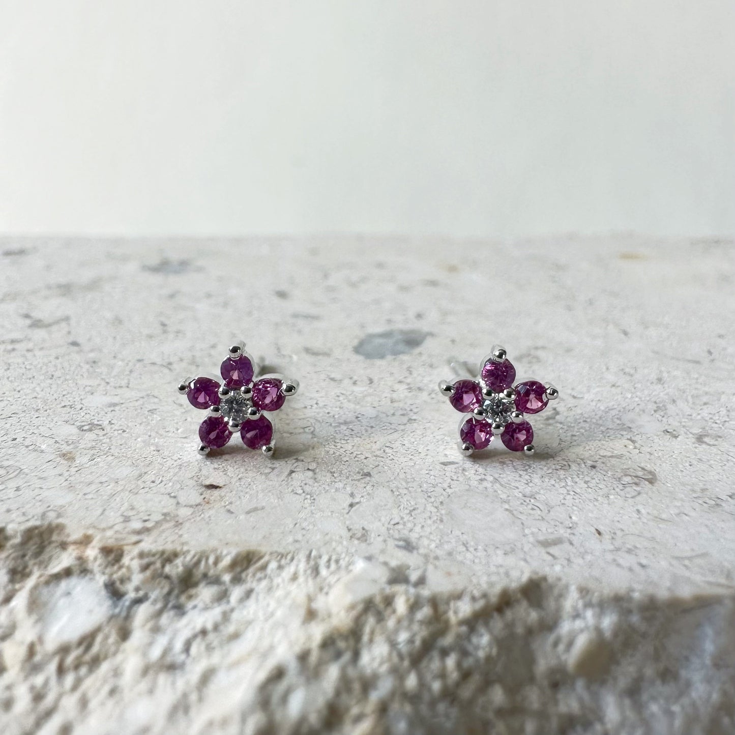 14K Solid Gold Genuine Pink Sapphire and Diamond Flower Studs