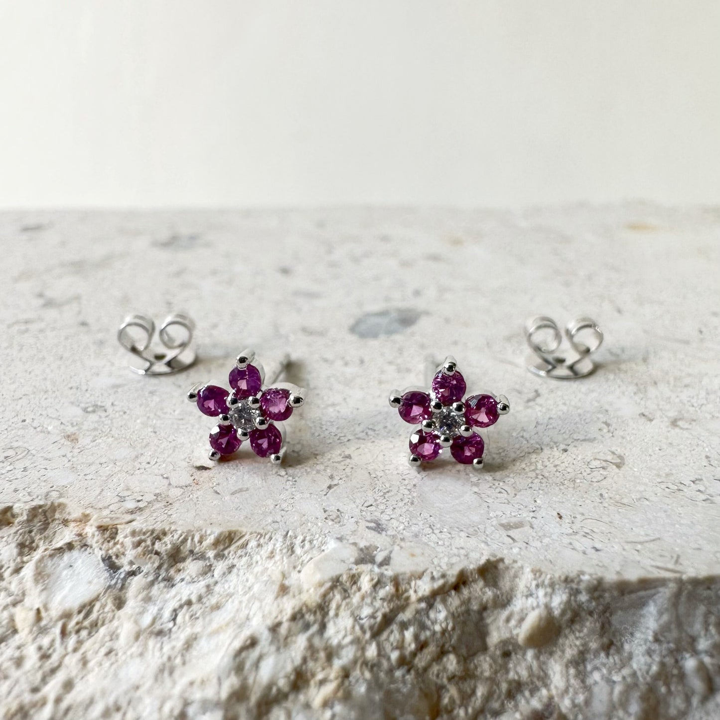 14K Solid Gold Genuine Pink Sapphire and Diamond Flower Studs