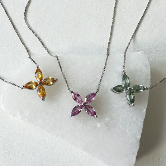 14K Solid Gold Genuine Color Sapphire Flower Necklace/Pink Sapphire/Yellow Sapphire/Green Sapphire