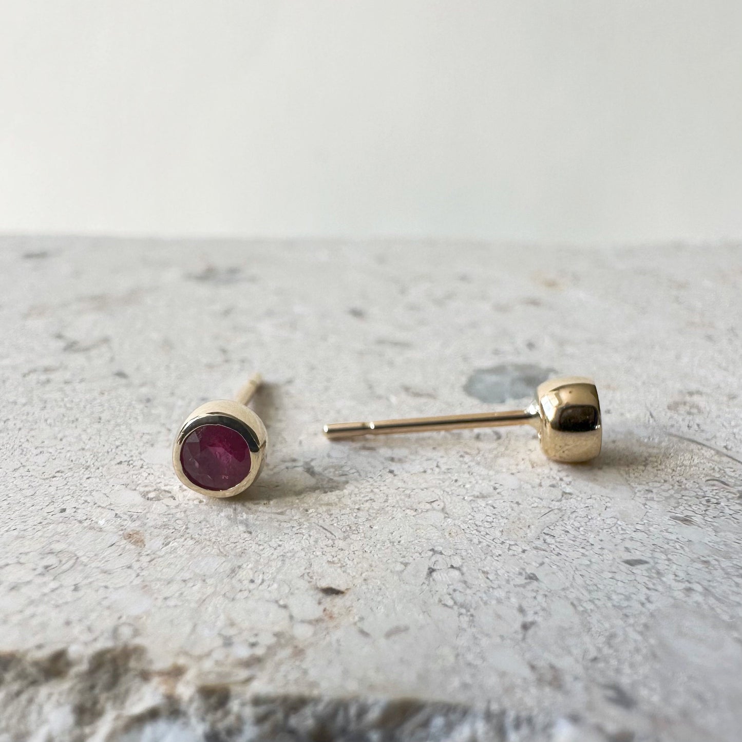 14K Solid Gold Genuine Ruby Bezel Studs/Pair