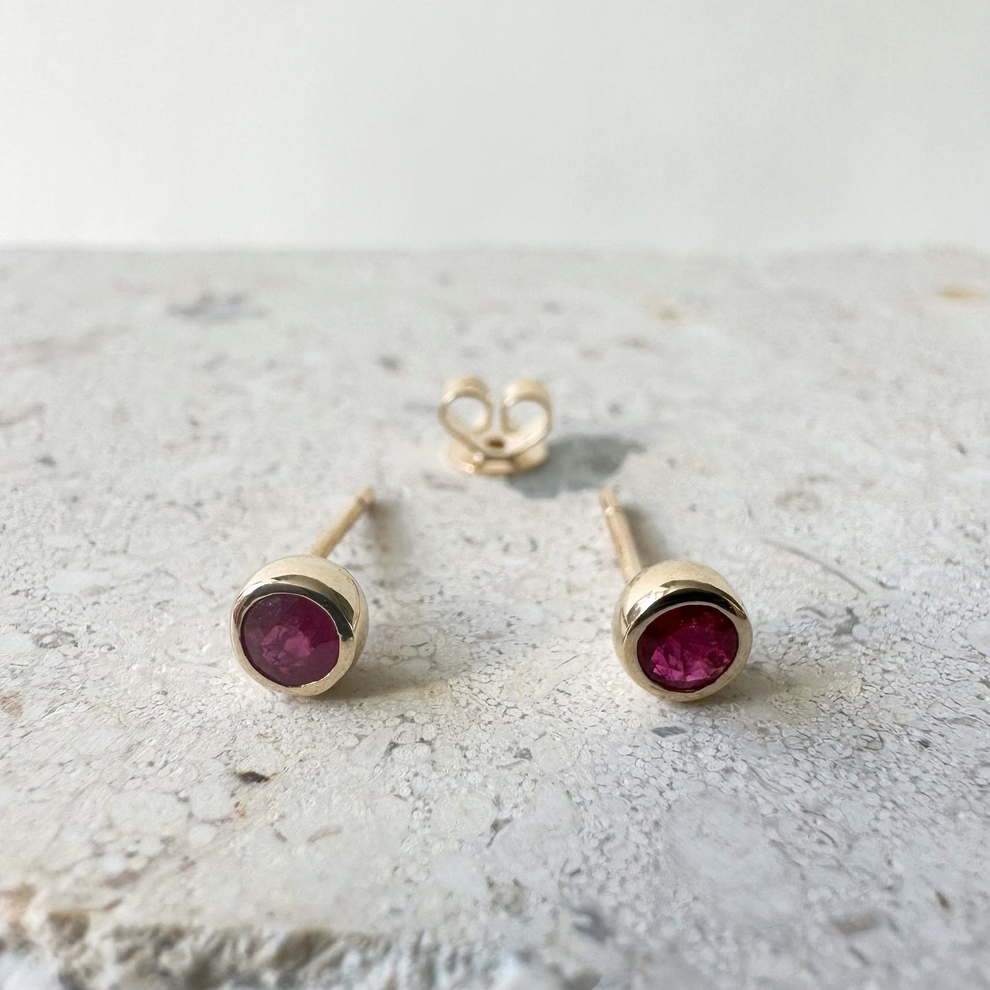 14K Solid Gold Genuine Ruby Bezel Studs/Pair