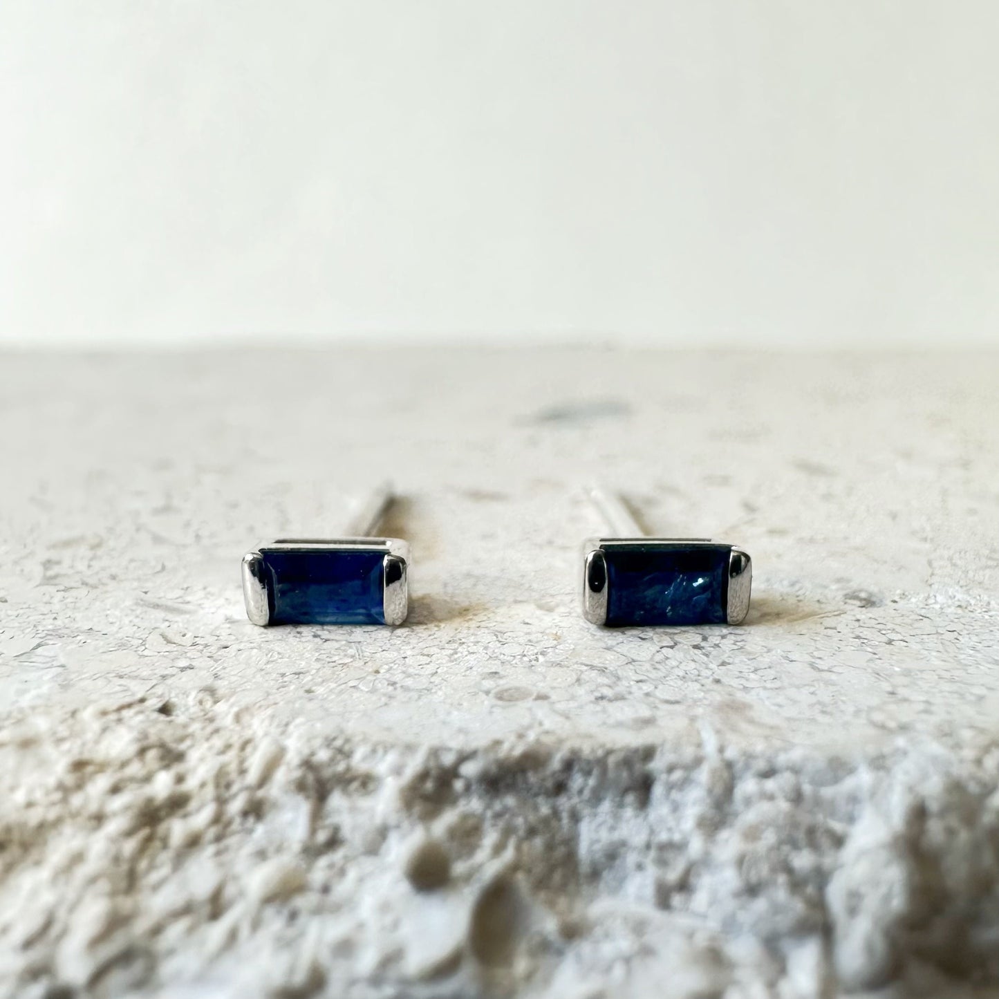 14K Solid Gold Genuine Sapphire Baguette Studs/Pair