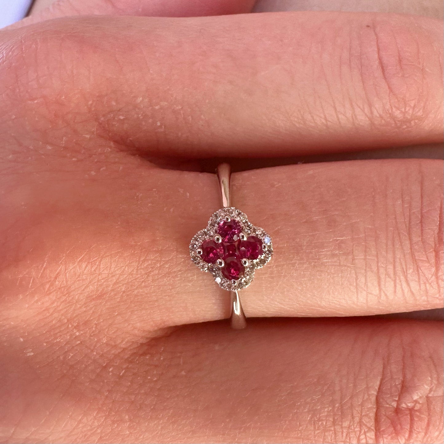 14K Solid Gold Genuine Ruby and Diamond Clover Ring