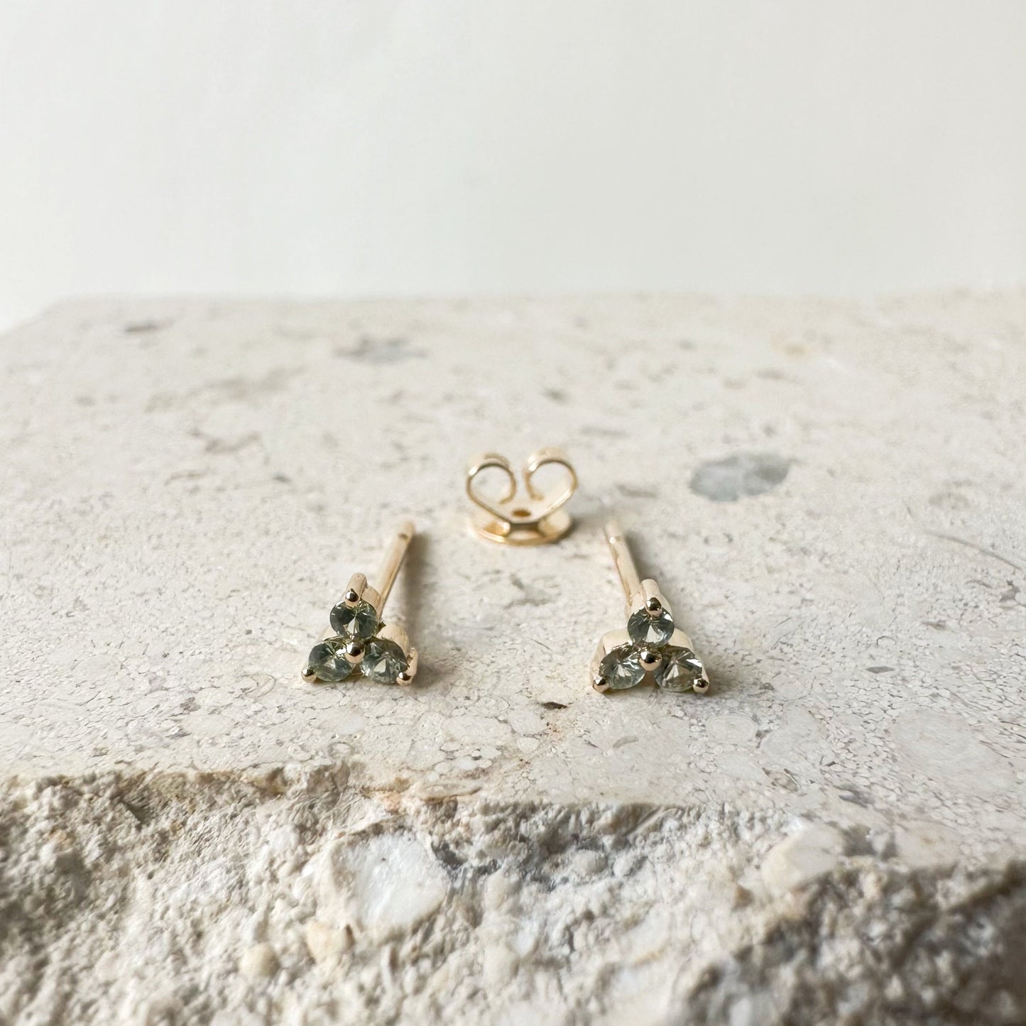 14K Solid Gold Pink/Green/Orange/Yellow Color Sapphire Trio Studs/Pair