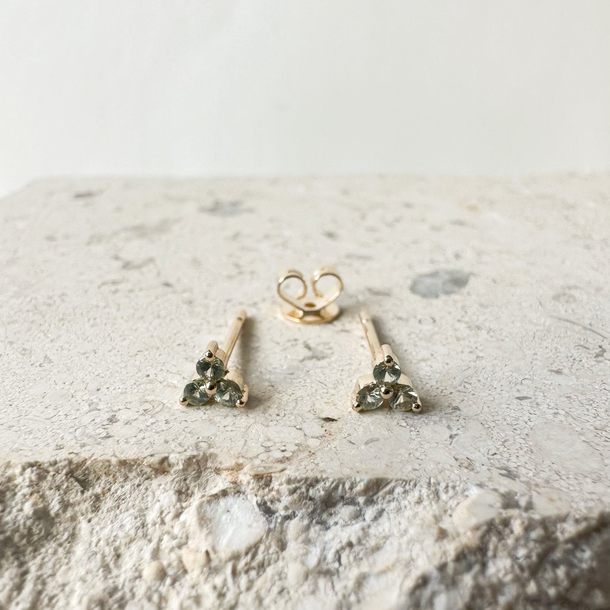 14K Solid Gold Pink/Green/Orange/Yellow Color Sapphire Trio Studs/Pair