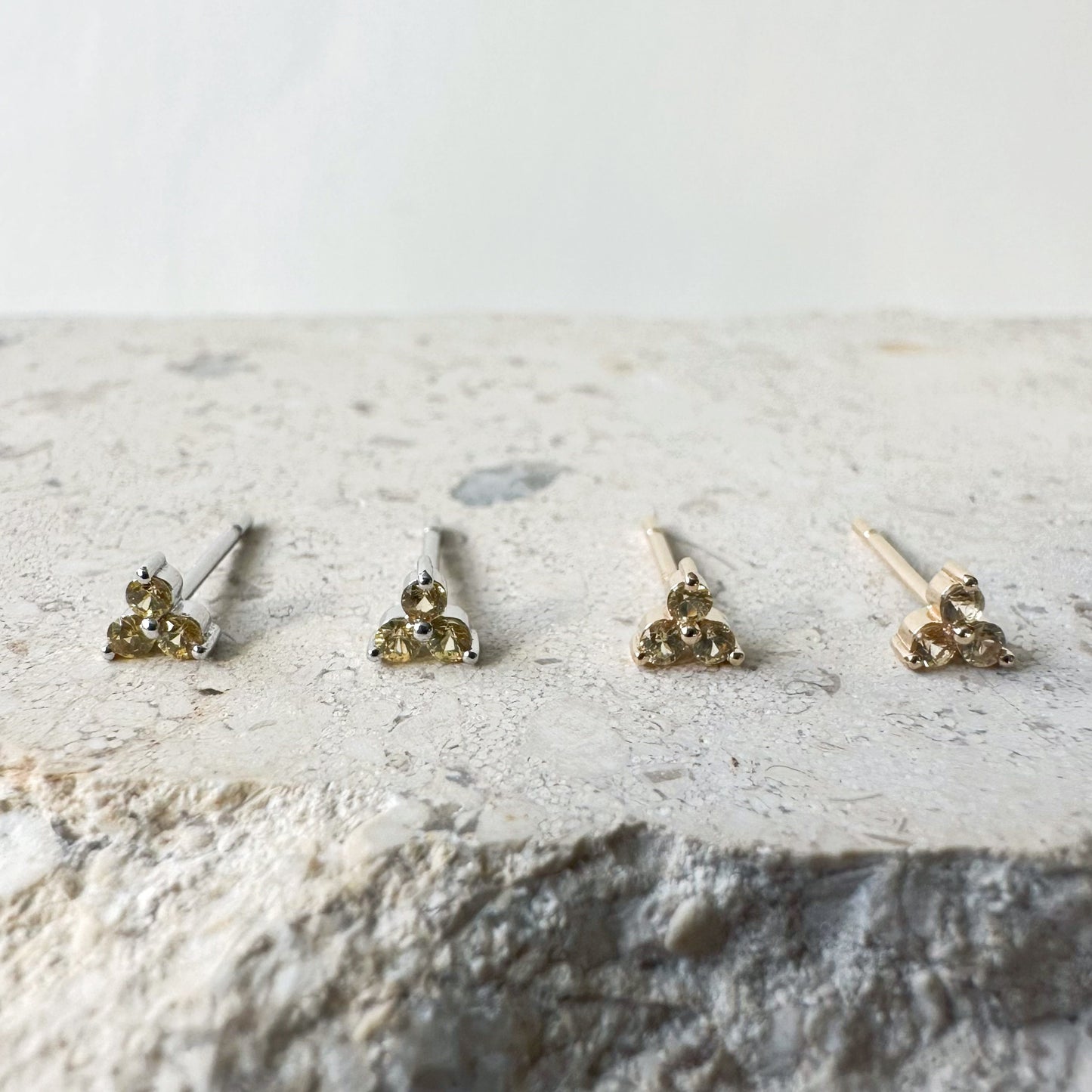 14K Solid Gold Pink/Green/Orange/Yellow Color Sapphire Trio Studs/Pair