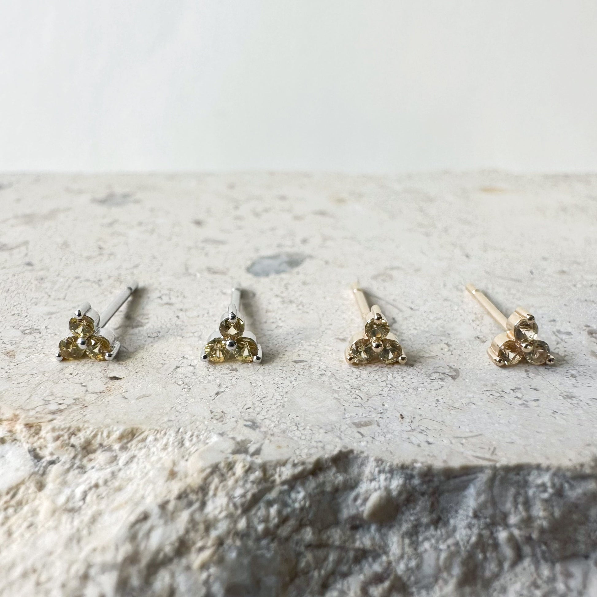 14K Solid Gold Pink/Green/Orange/Yellow Color Sapphire Trio Studs/Pair