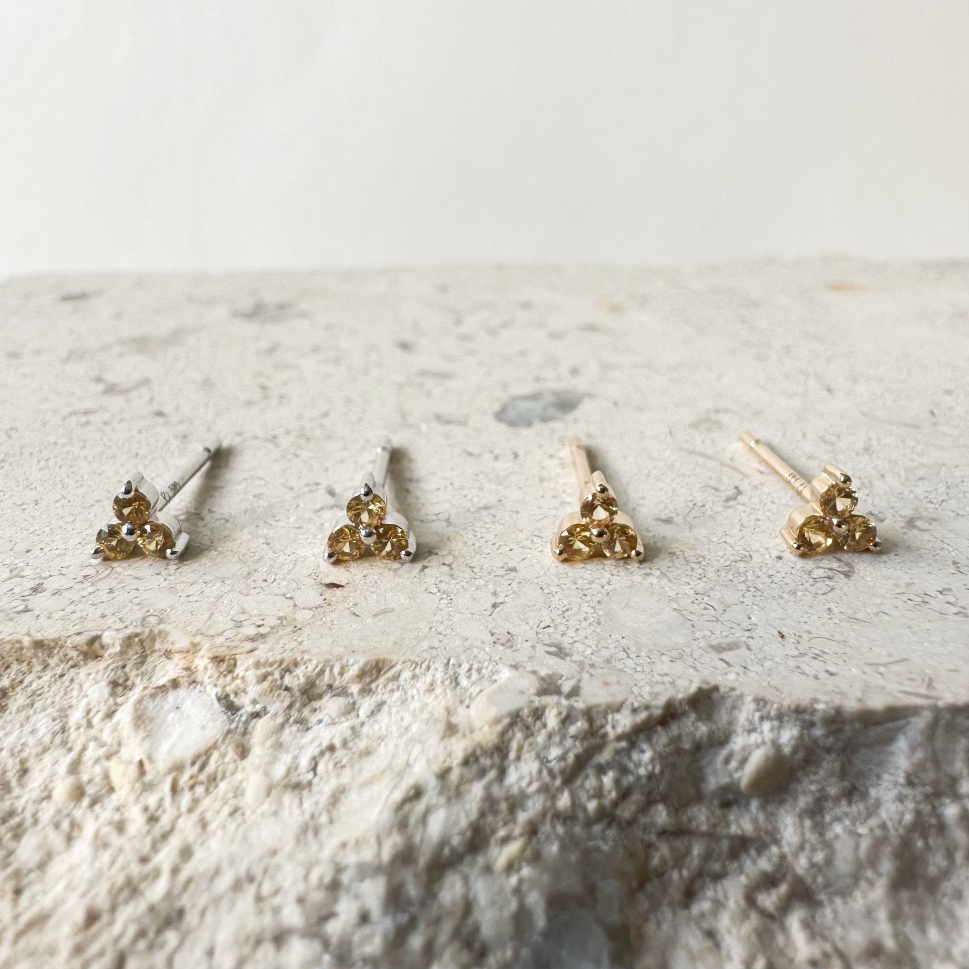 14K Solid Gold Pink/Green/Orange/Yellow Color Sapphire Trio Studs/Pair