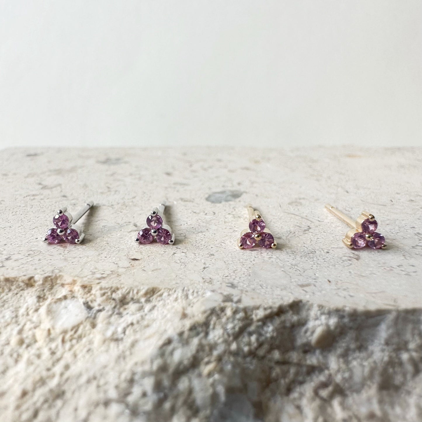 14K Solid Gold Pink/Green/Orange/Yellow Color Sapphire Trio Studs/Pair