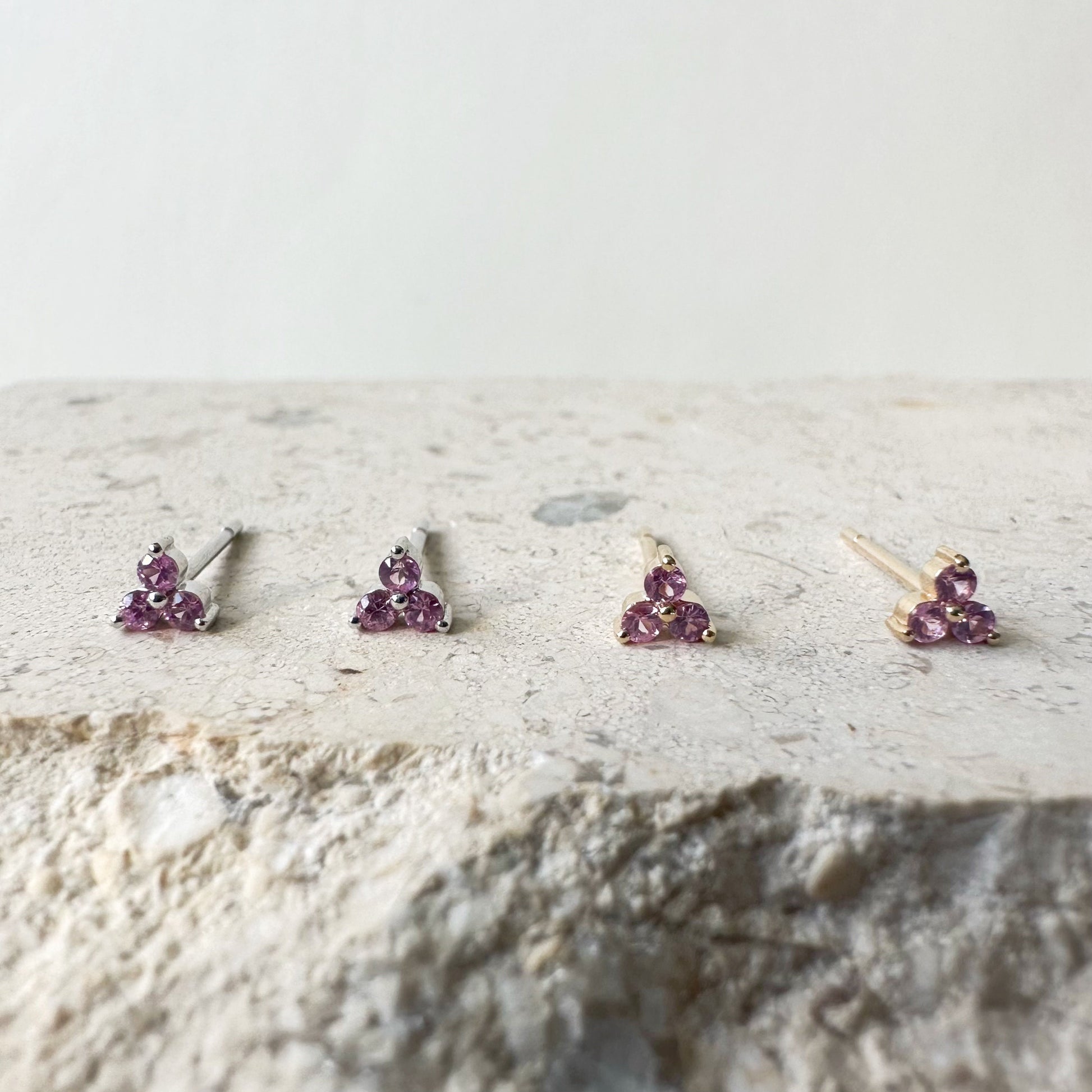 14K Solid Gold Pink/Green/Orange/Yellow Color Sapphire Trio Studs/Pair