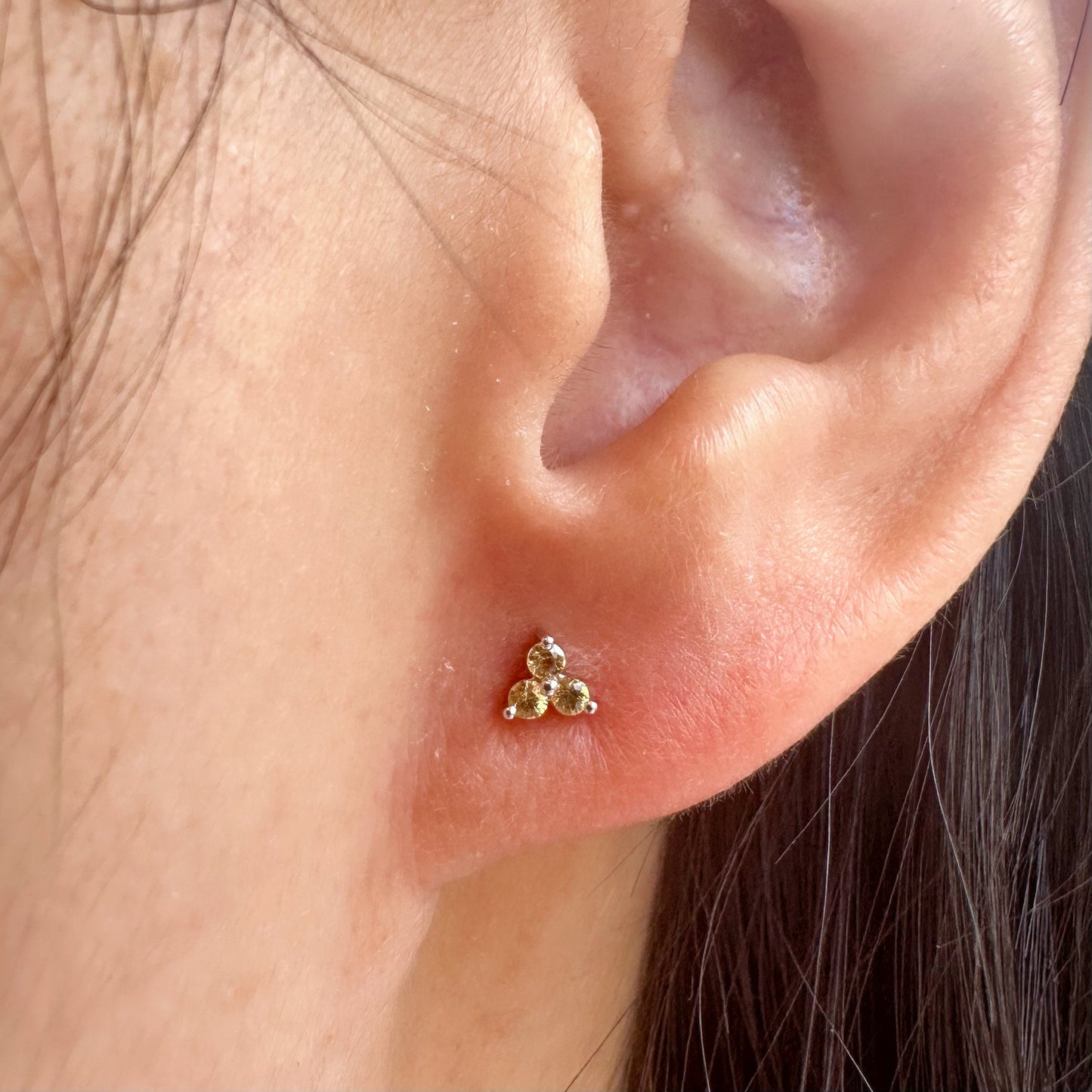 14K Solid Gold Pink/Green/Orange/Yellow Color Sapphire Trio Studs/Pair