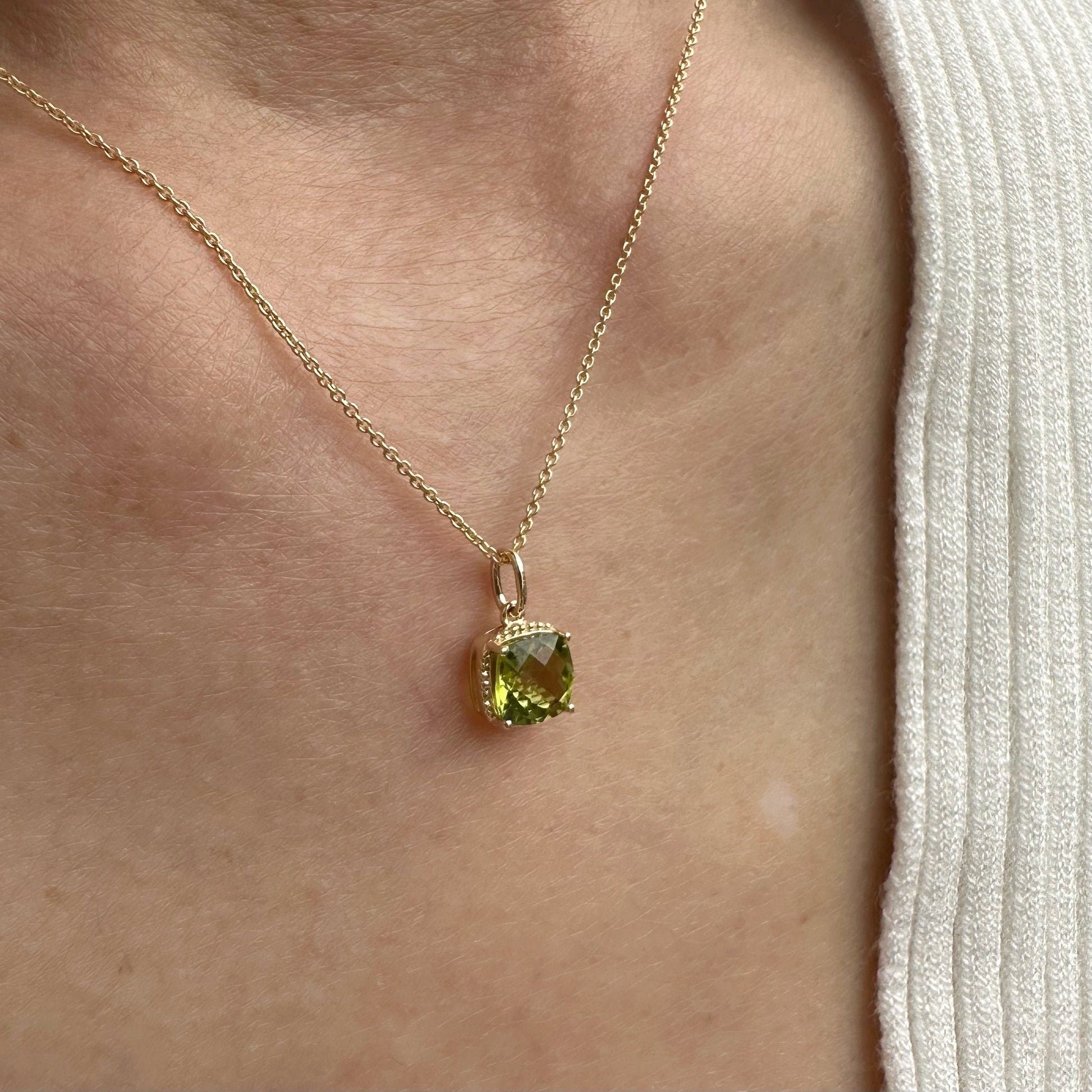 14K Solid Gold Genuine Peridot Square Pendant