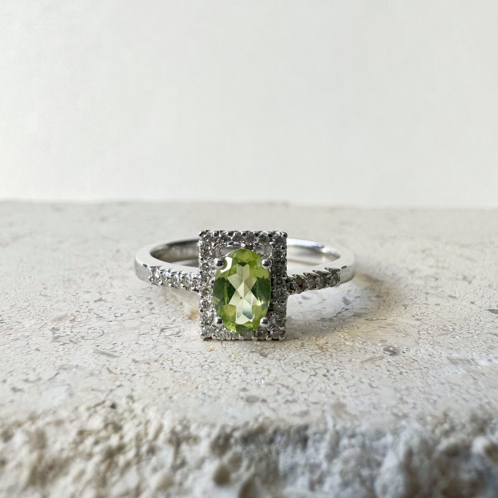 14K White Gold Peridot & Diamond Halo Ring