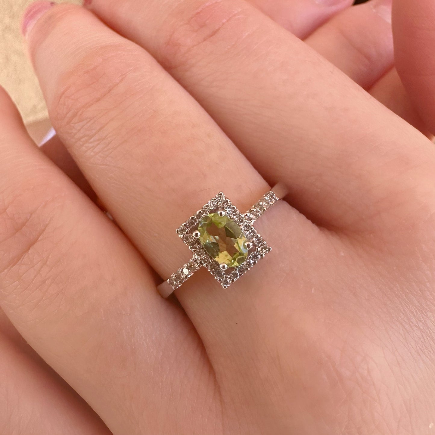14K White Gold Peridot & Diamond Halo Ring