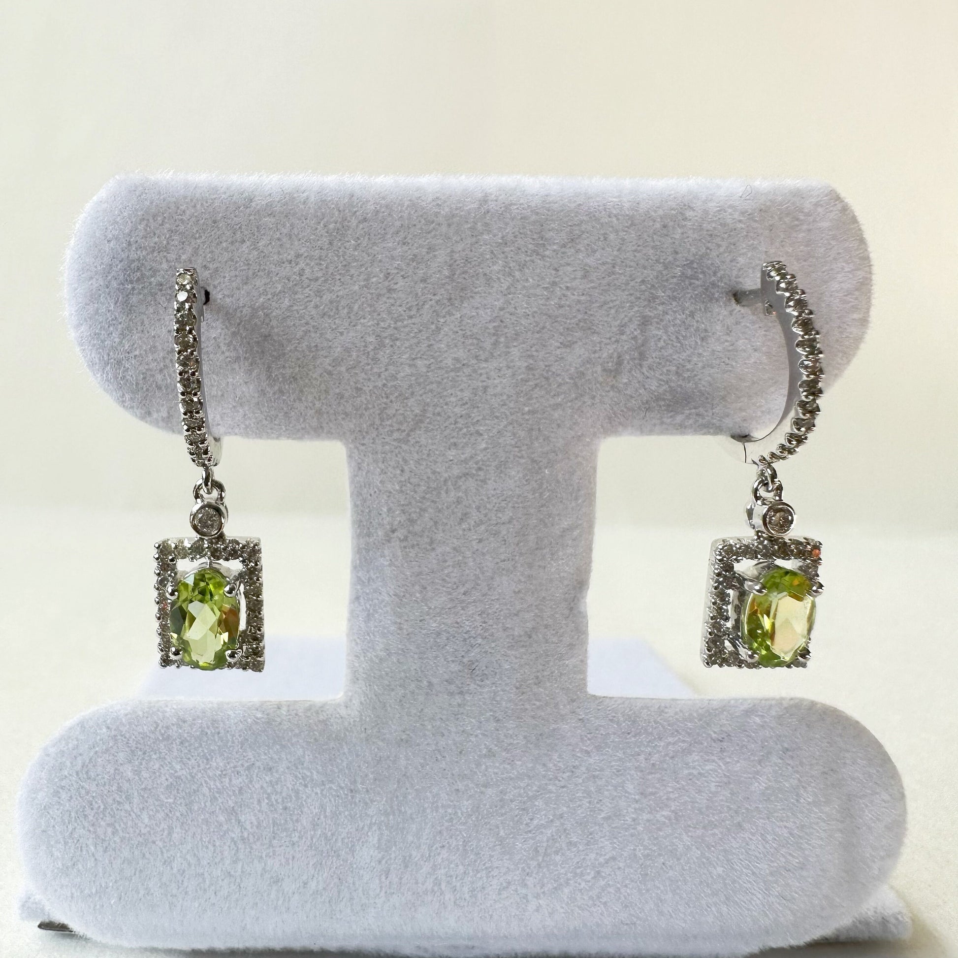 14K Solid Gold Genuine Peridot and Diamond Dangle Hoop Earrings/Pair