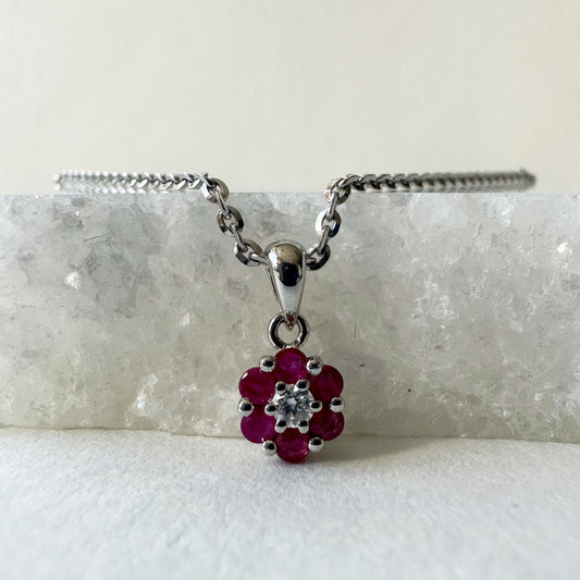 14K Solid Gold Genuine Ruby and Diamond Flower Pendant
