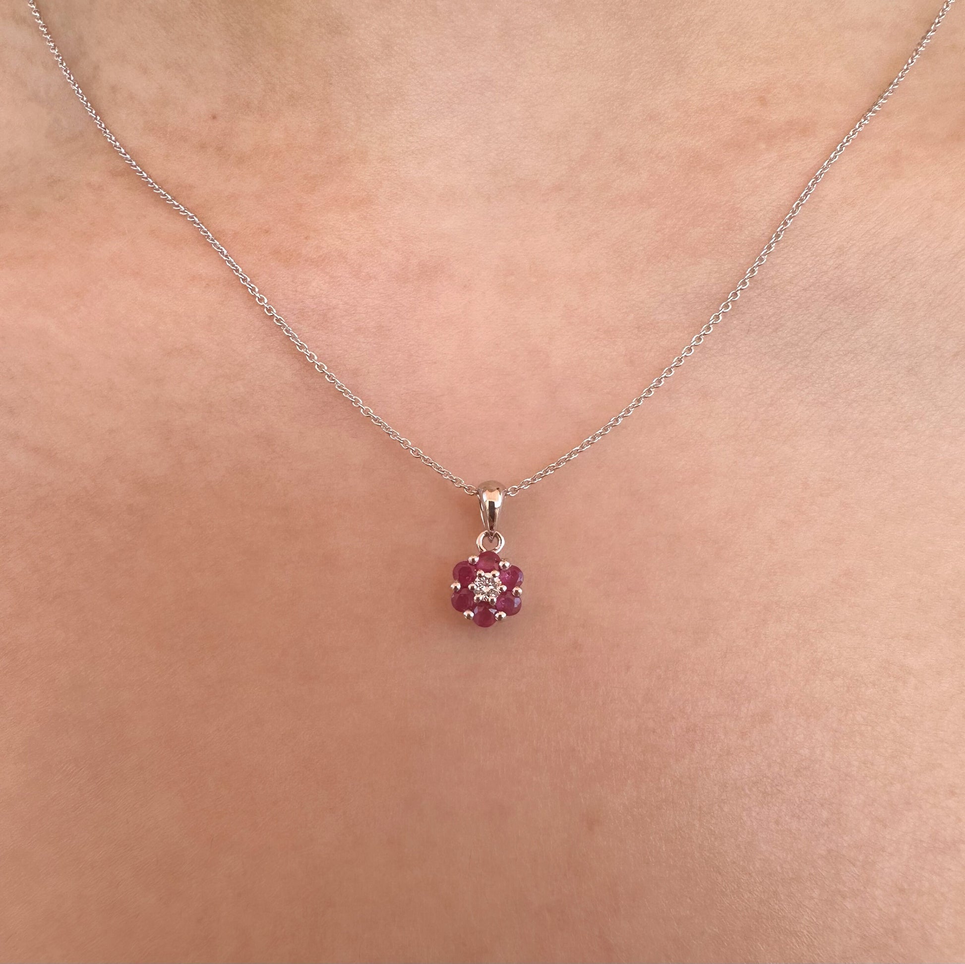 14K Solid Gold Genuine Ruby and Diamond Flower Pendant