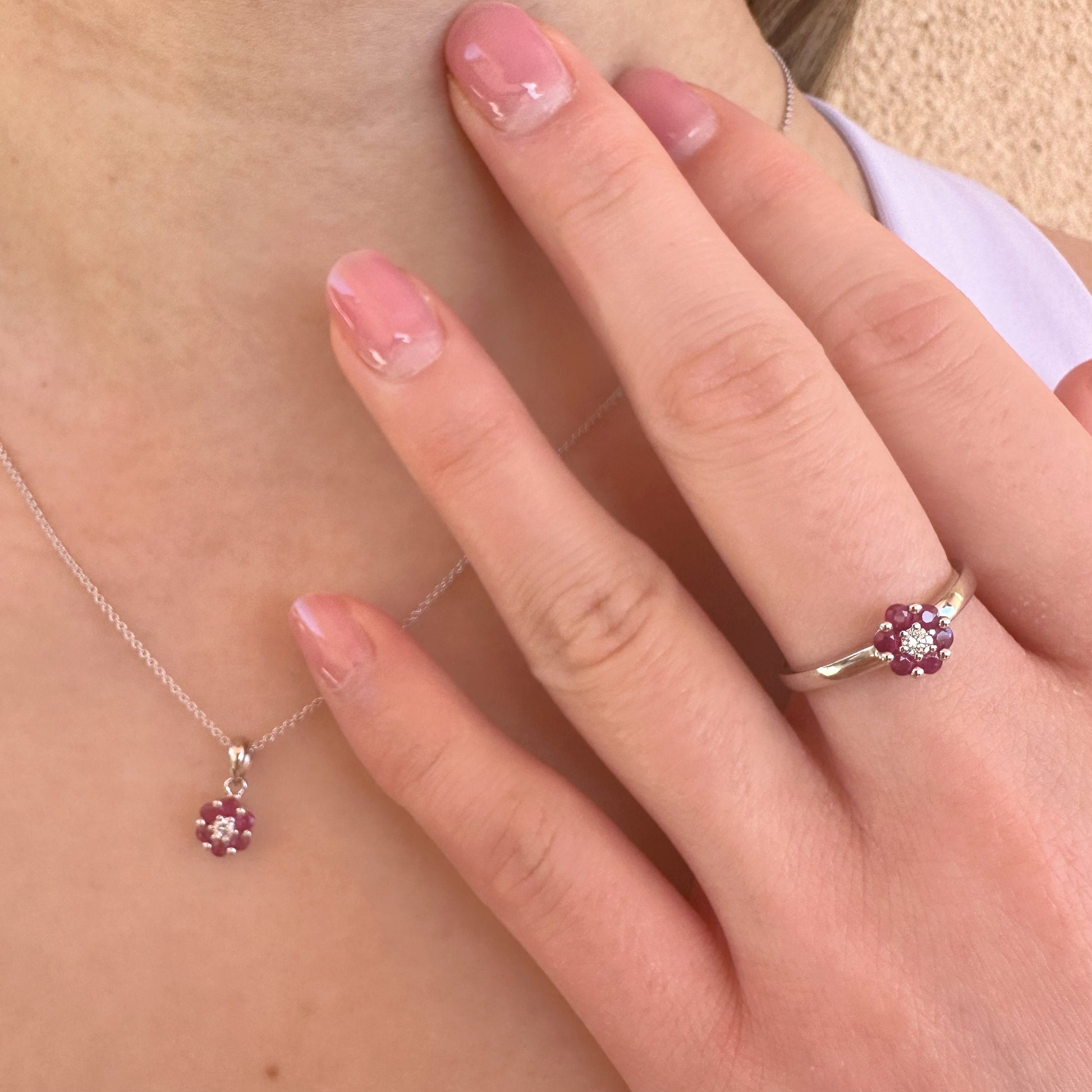 14K Solid Gold Genuine Ruby and Diamond Flower Pendant