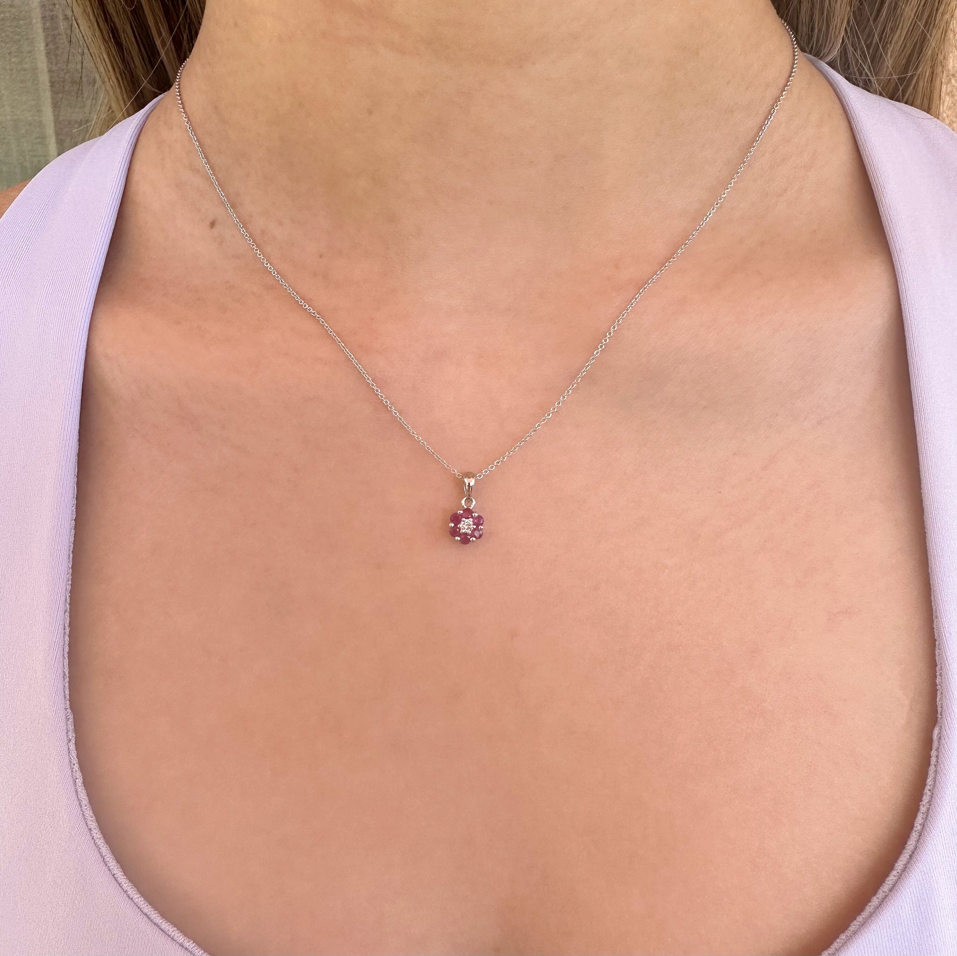 14K Solid Gold Genuine Ruby and Diamond Flower Pendant