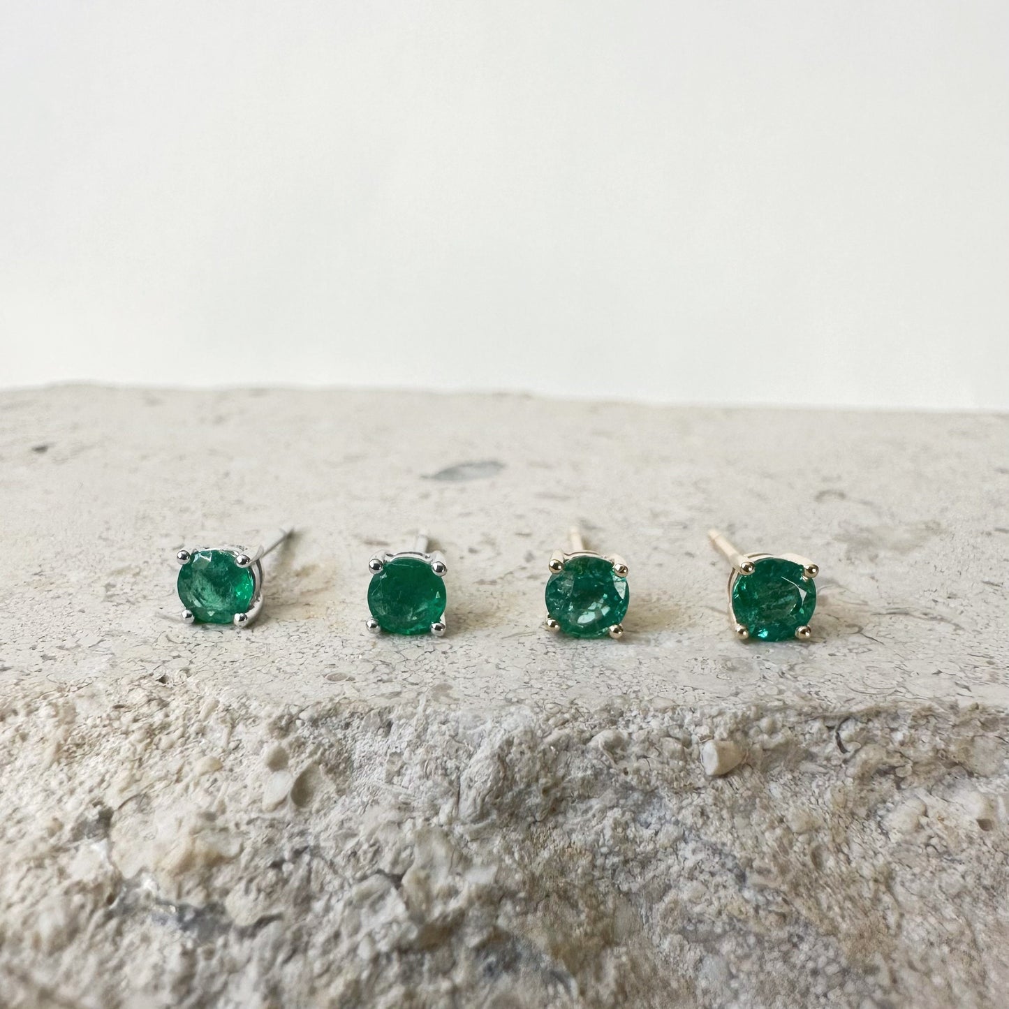 14K Solid Gold Genuine 4mm Emerald Round Studs/Pair