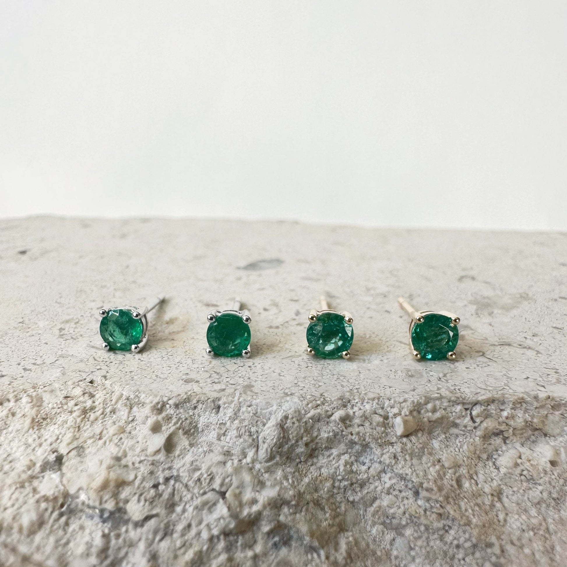 14K Solid Gold Genuine 4mm Emerald Round Studs/Pair