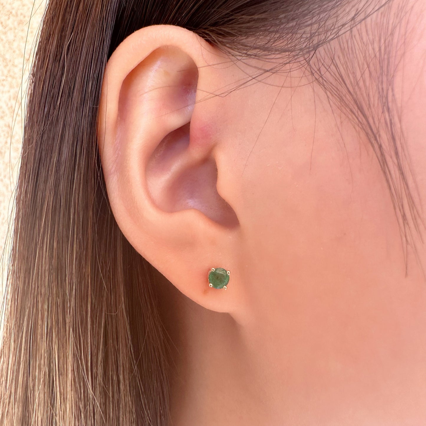 14K Solid Gold Genuine 4mm Emerald Round Studs/Pair