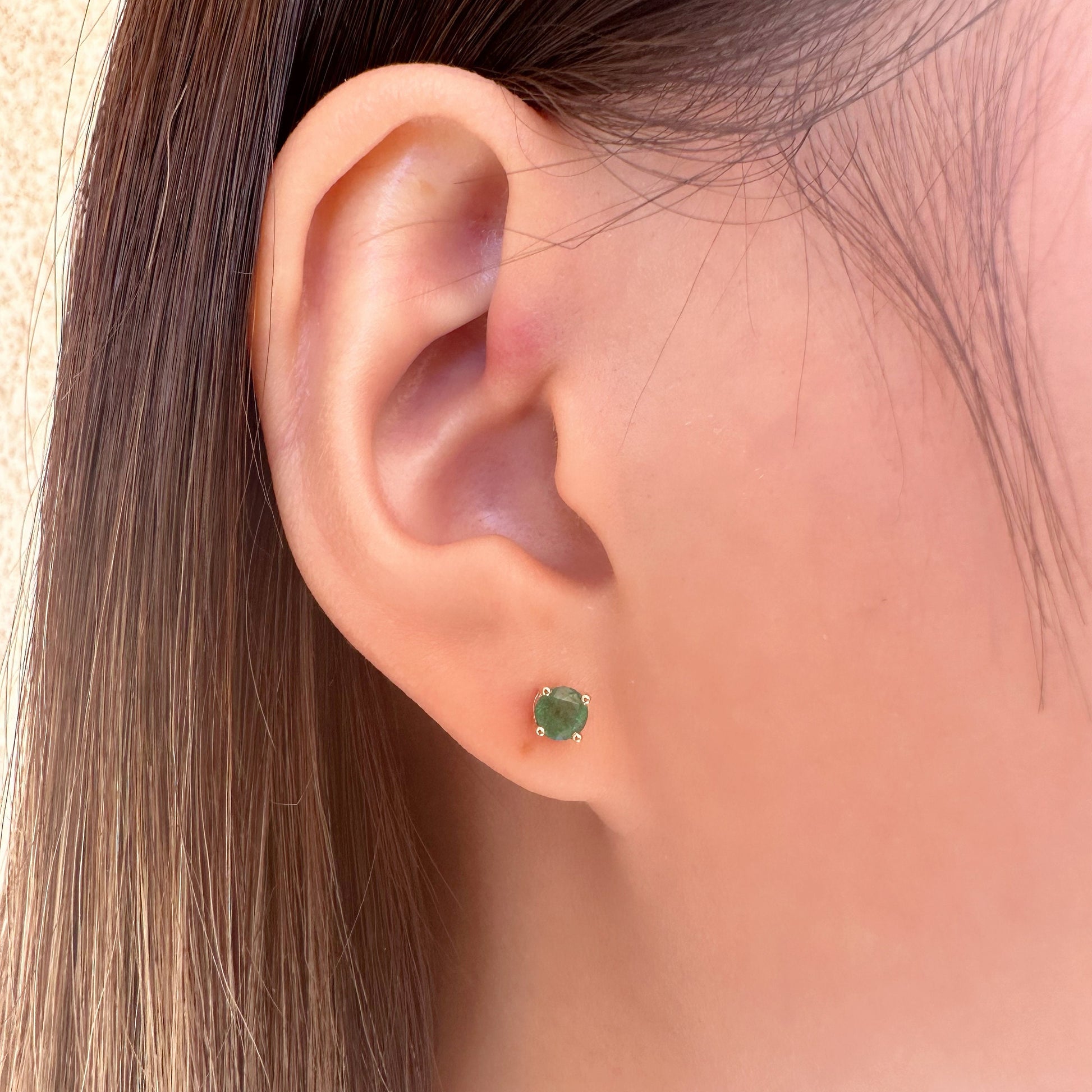 14K Solid Gold Genuine 4mm Emerald Round Studs/Pair