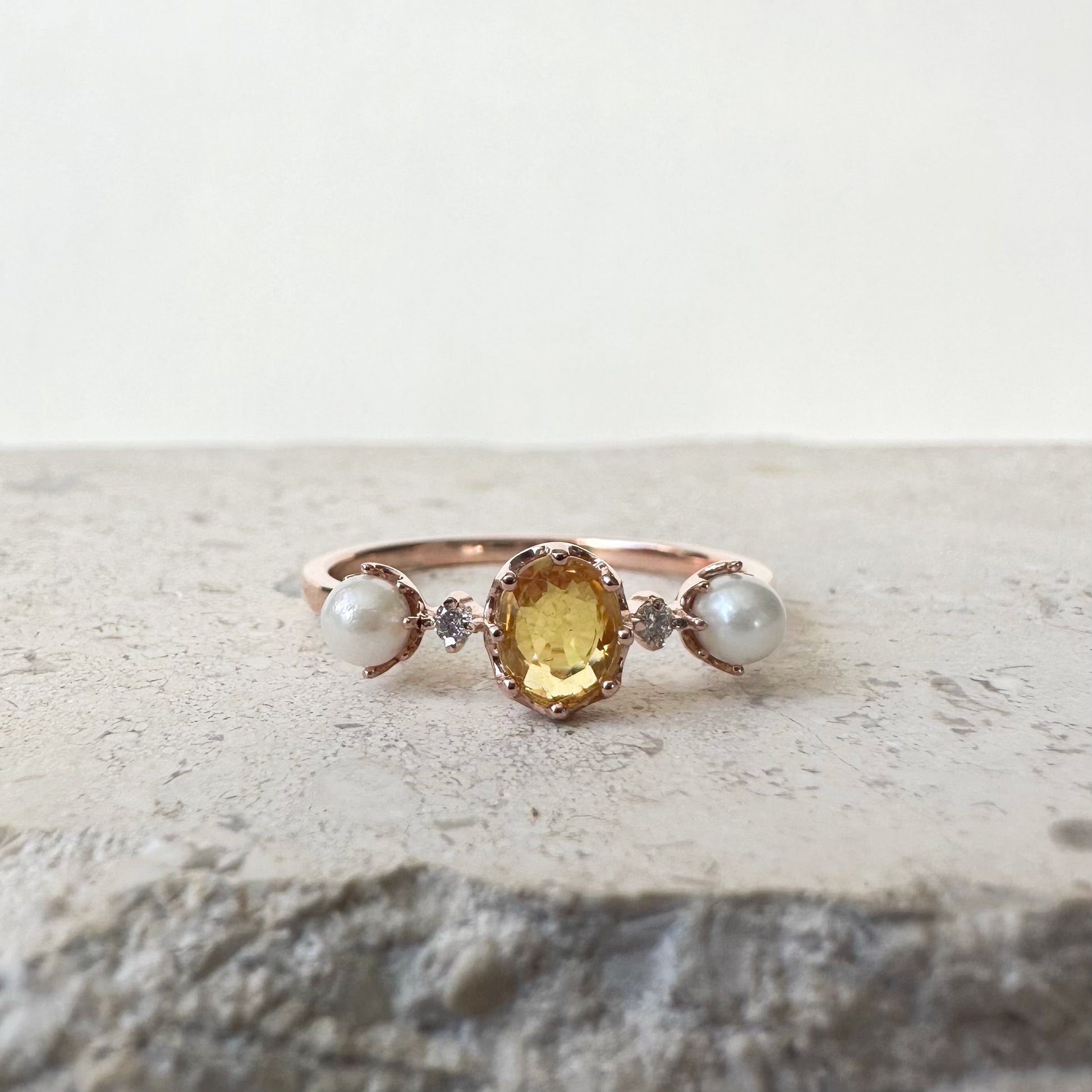 18K Solid White Gold Genuine Yellow Sapphire and Akoya Pearl Ring