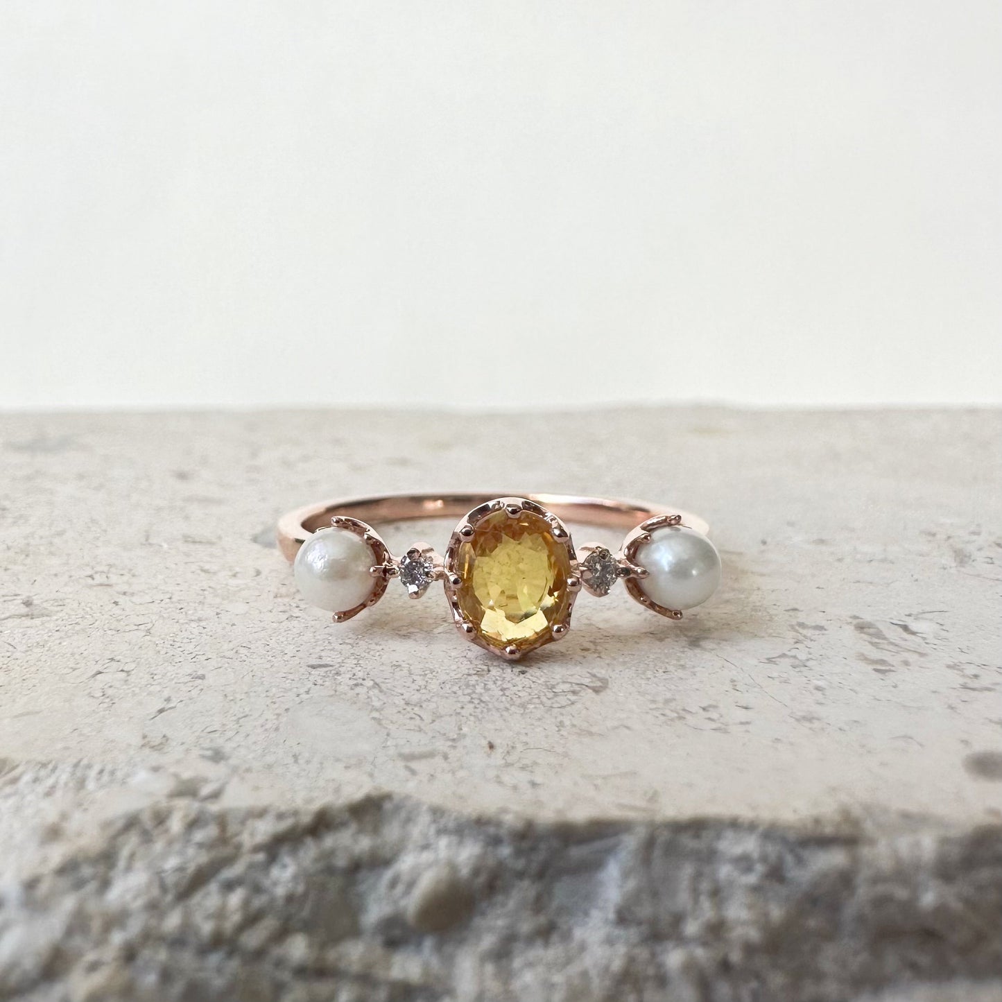18K Solid White Gold Genuine Yellow Sapphire and Akoya Pearl Ring