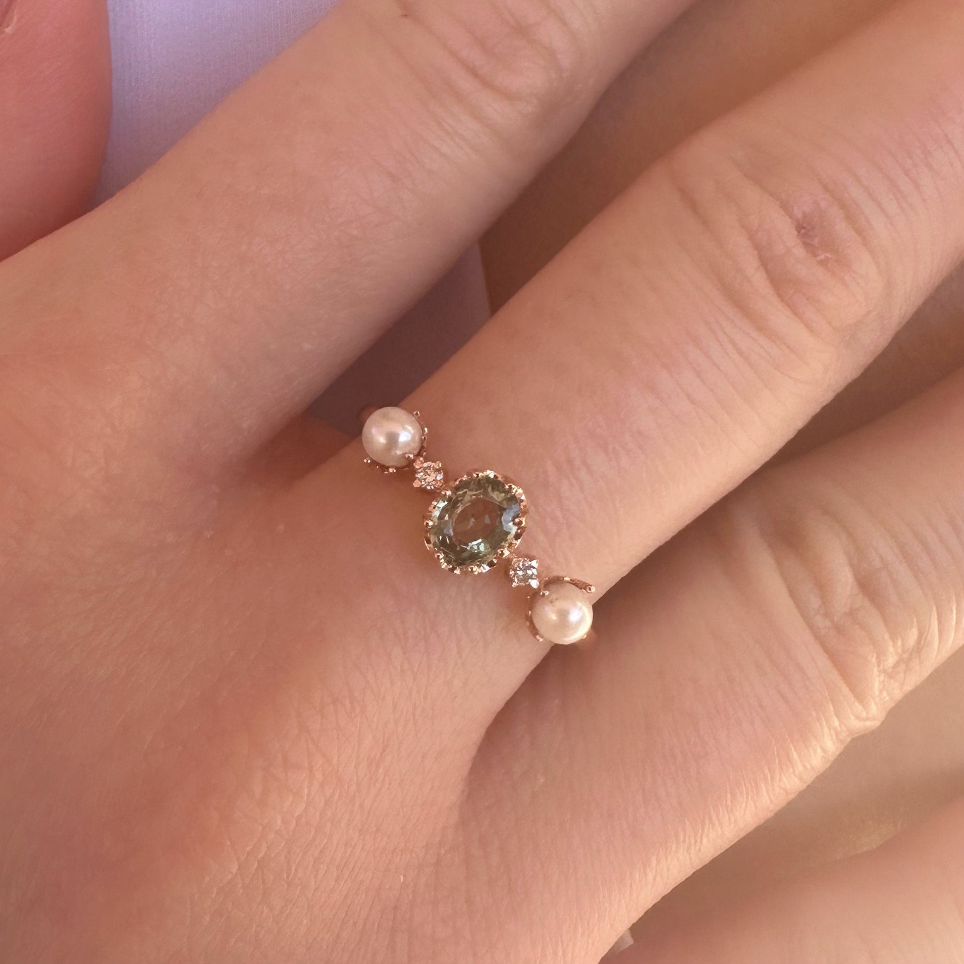 18K Solid White Gold Genuine Yellow Sapphire and Akoya Pearl Ring