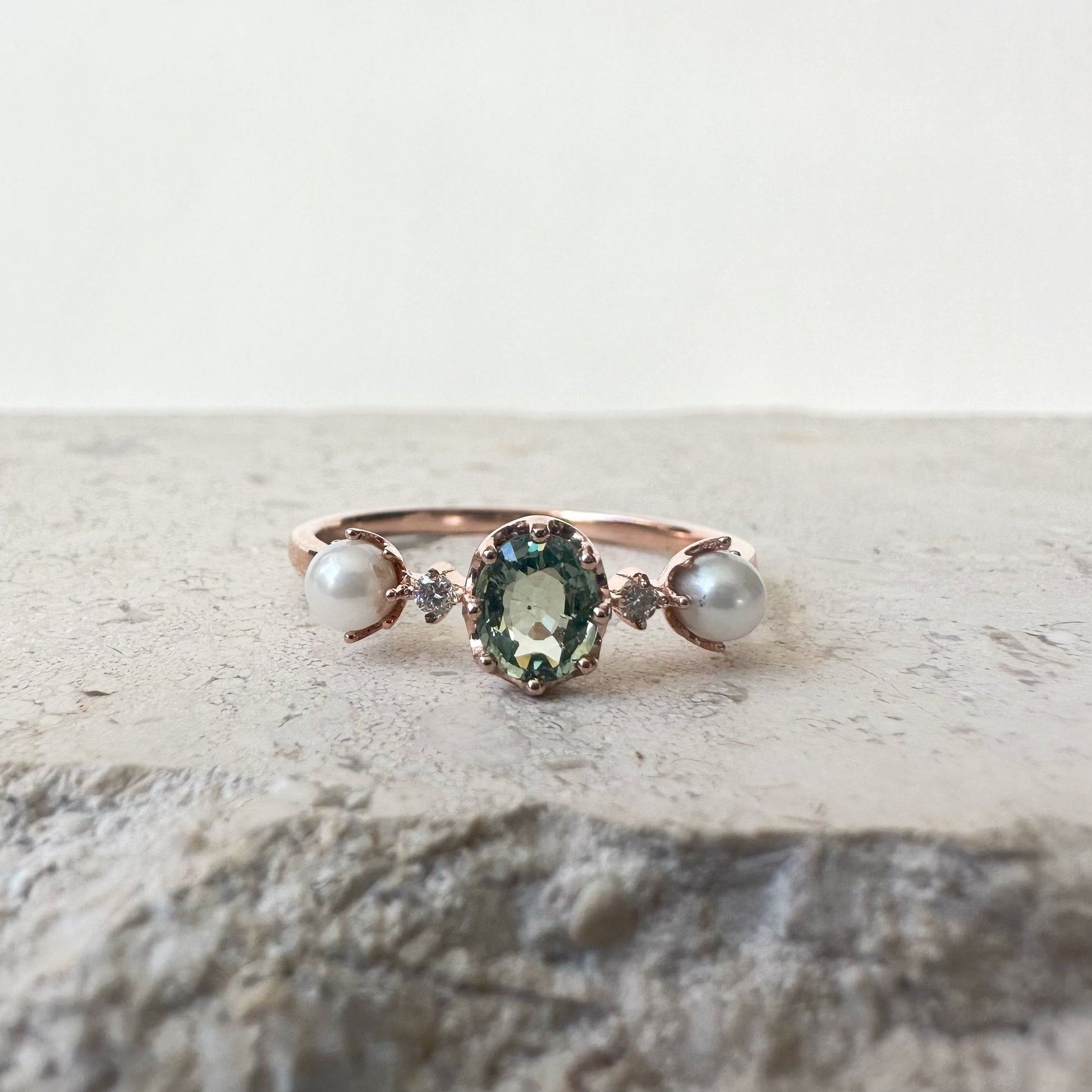 18K Solid White Gold Genuine Yellow Sapphire and Akoya Pearl Ring