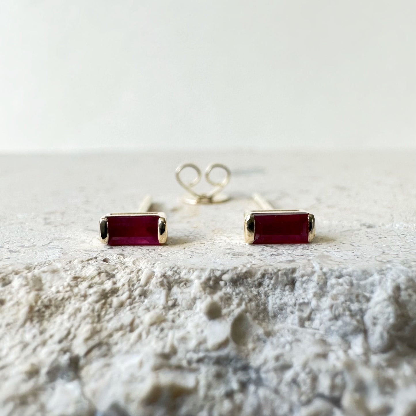 14K Solid Gold Genuine Baguette Ruby Studs/Pair