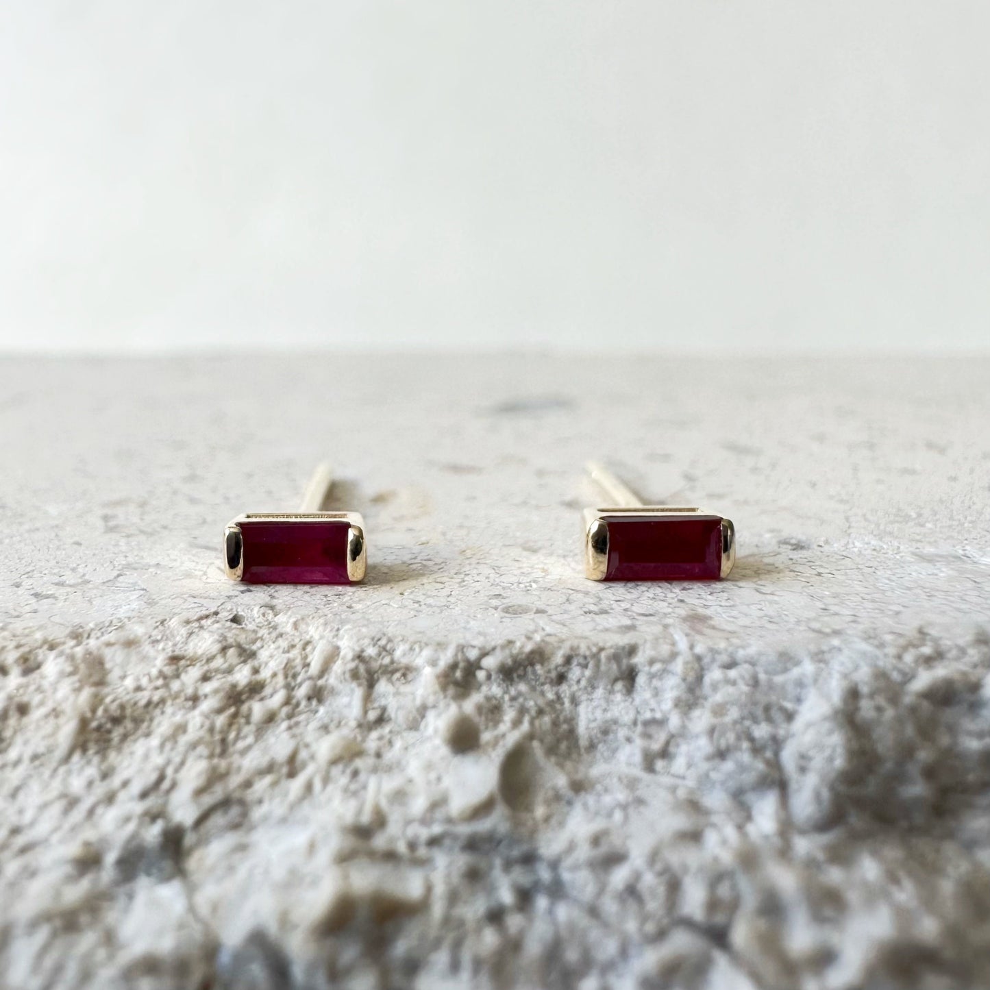 14K Solid Gold Genuine Baguette Ruby Studs/Pair