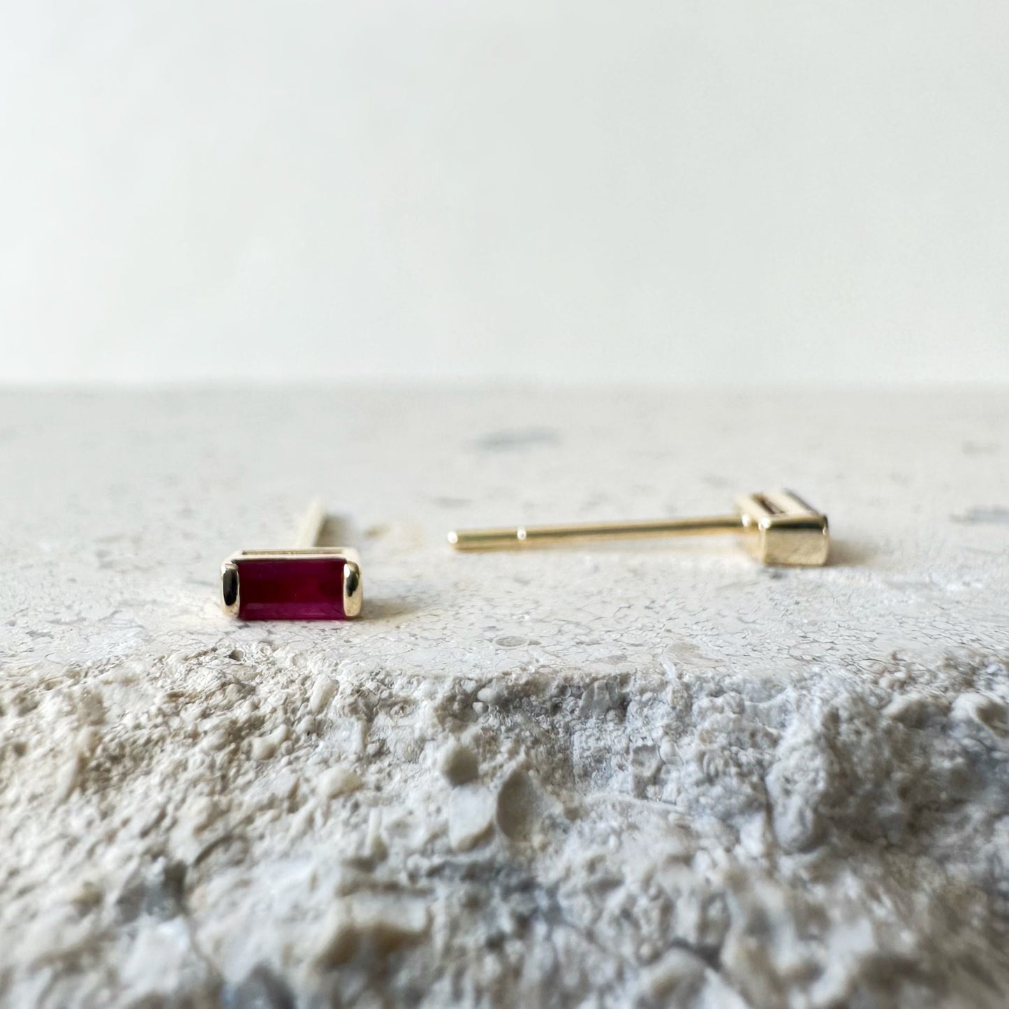 14K Solid Gold Genuine Baguette Ruby Studs/Pair