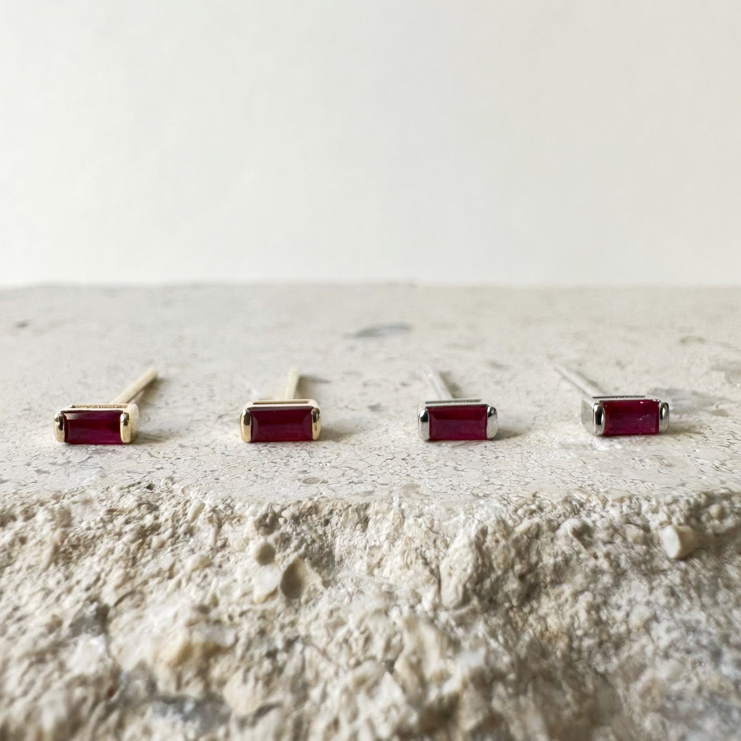 14K Solid Gold Genuine Baguette Ruby Studs/Pair