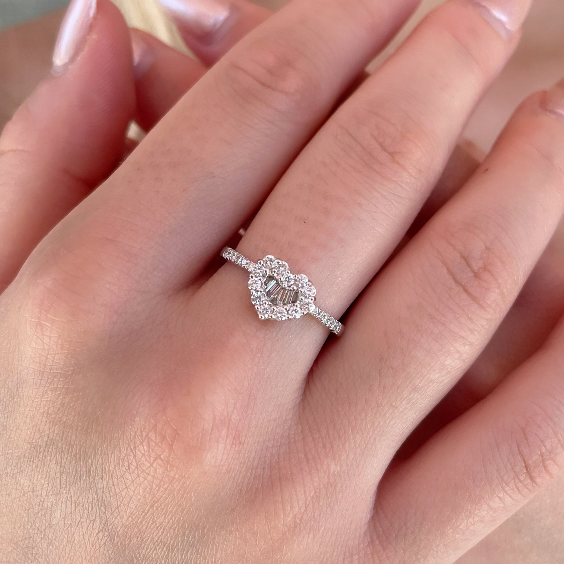 18K White Gold Diamond Heart Ring, Natural Mined Diamonds