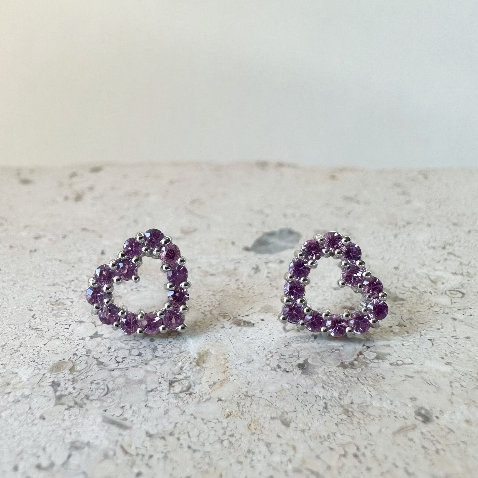 14K Solid Gold Genuine Pink Sapphire Heart Studs/Pair