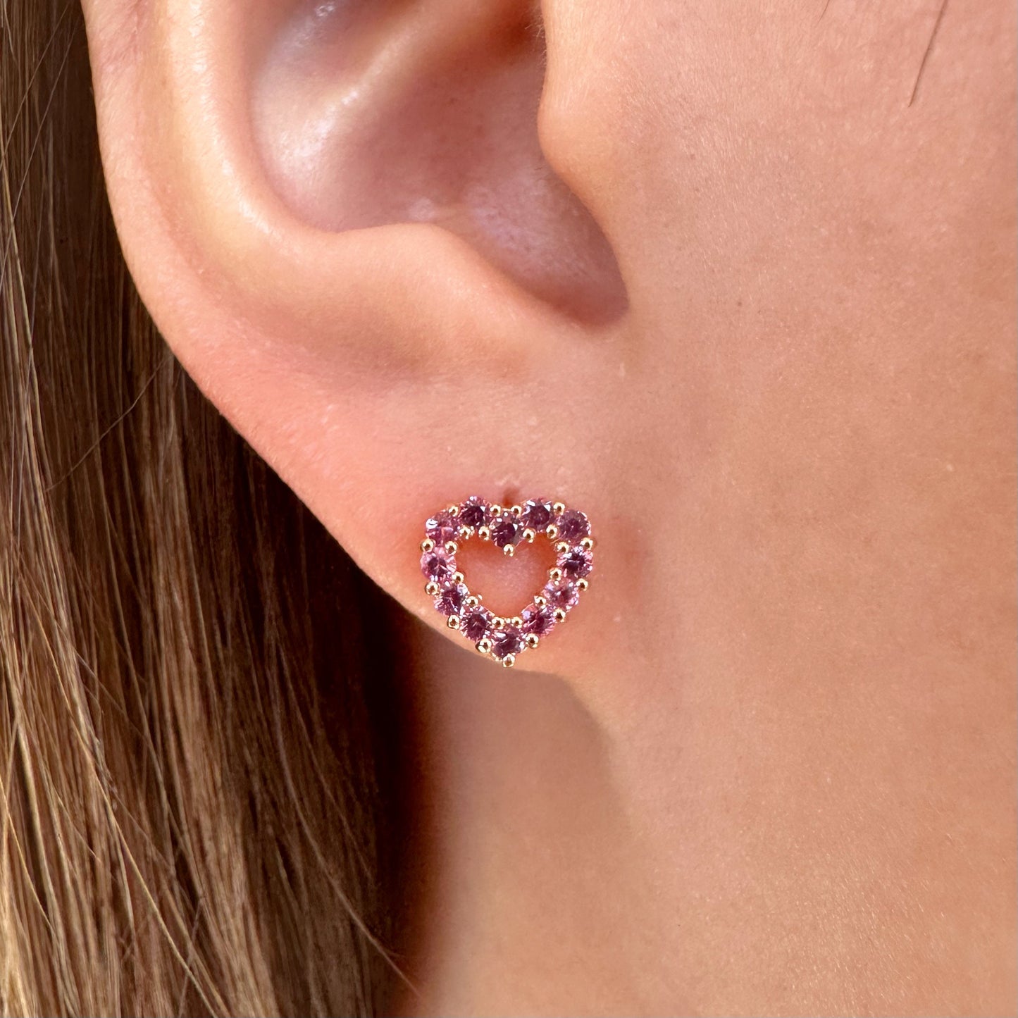 14K Solid Gold Genuine Pink Sapphire Heart Studs/Pair