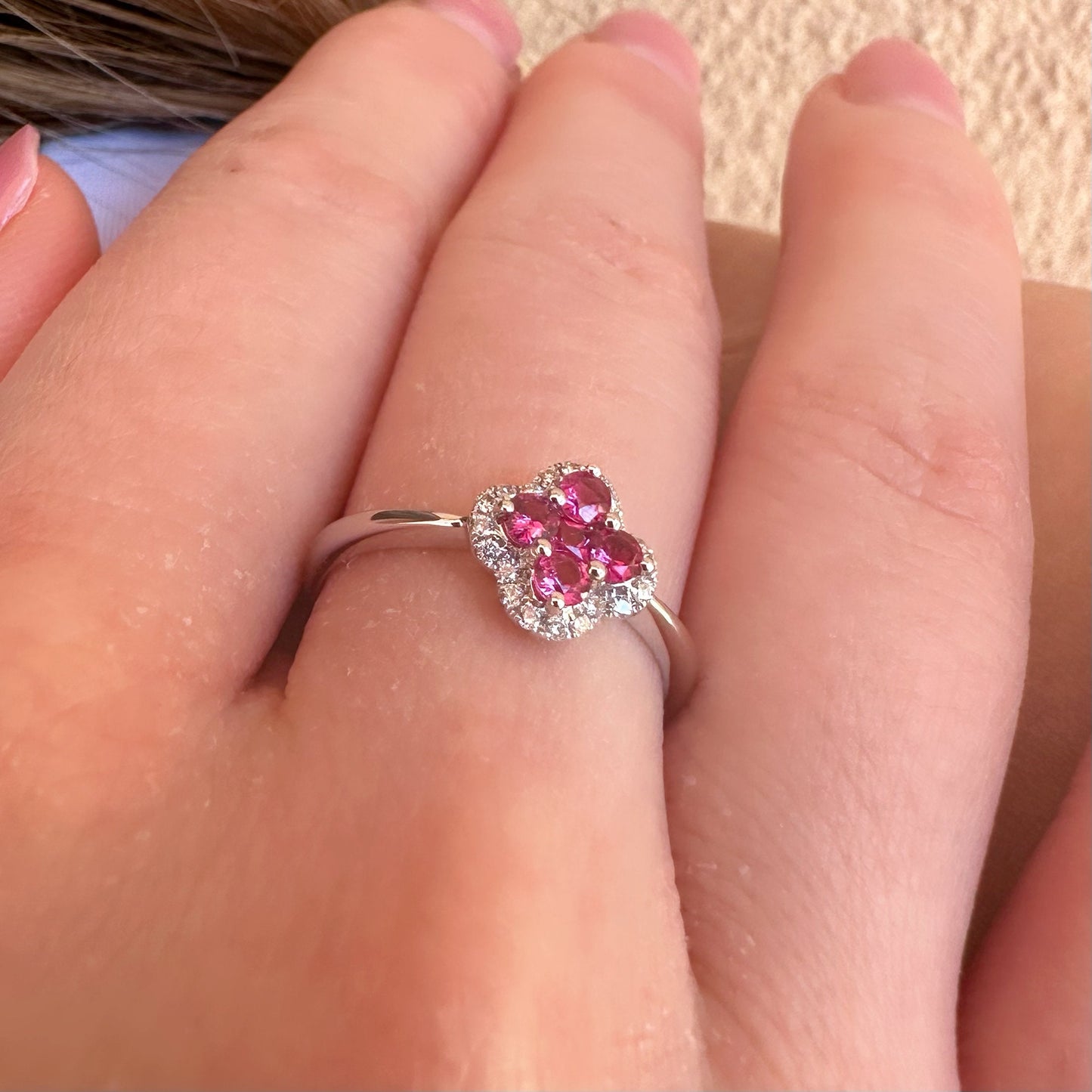 14K Solid Gold Genuine Ruby and Diamond Clover Ring